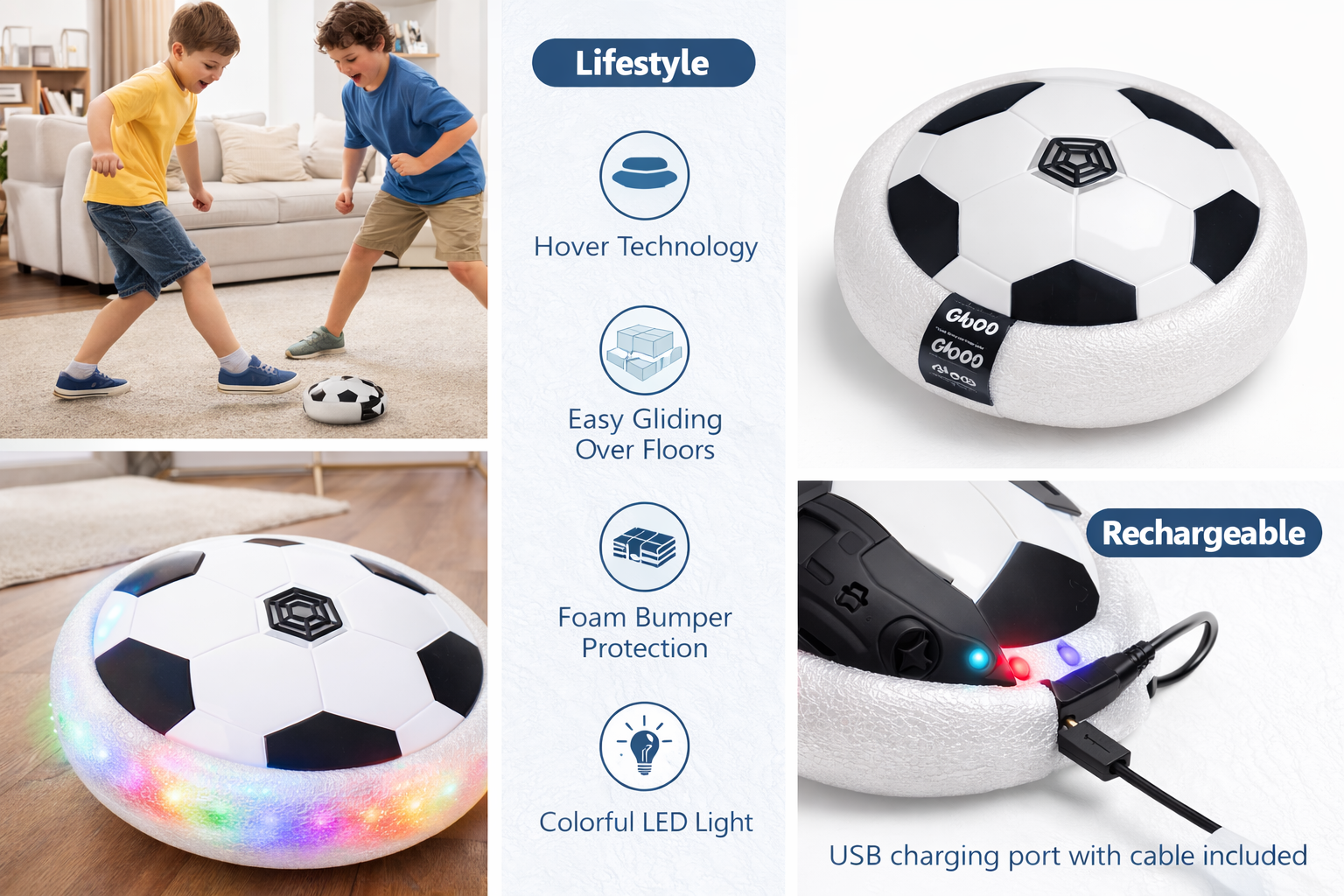 Rechargeable Hover Football for Kids | Indoor Air Soccer Ball with LED Light | Soft Foam Bumper | USB Charging | Indoor Sports Toy for Boys & Girls (6+ Years) view 2