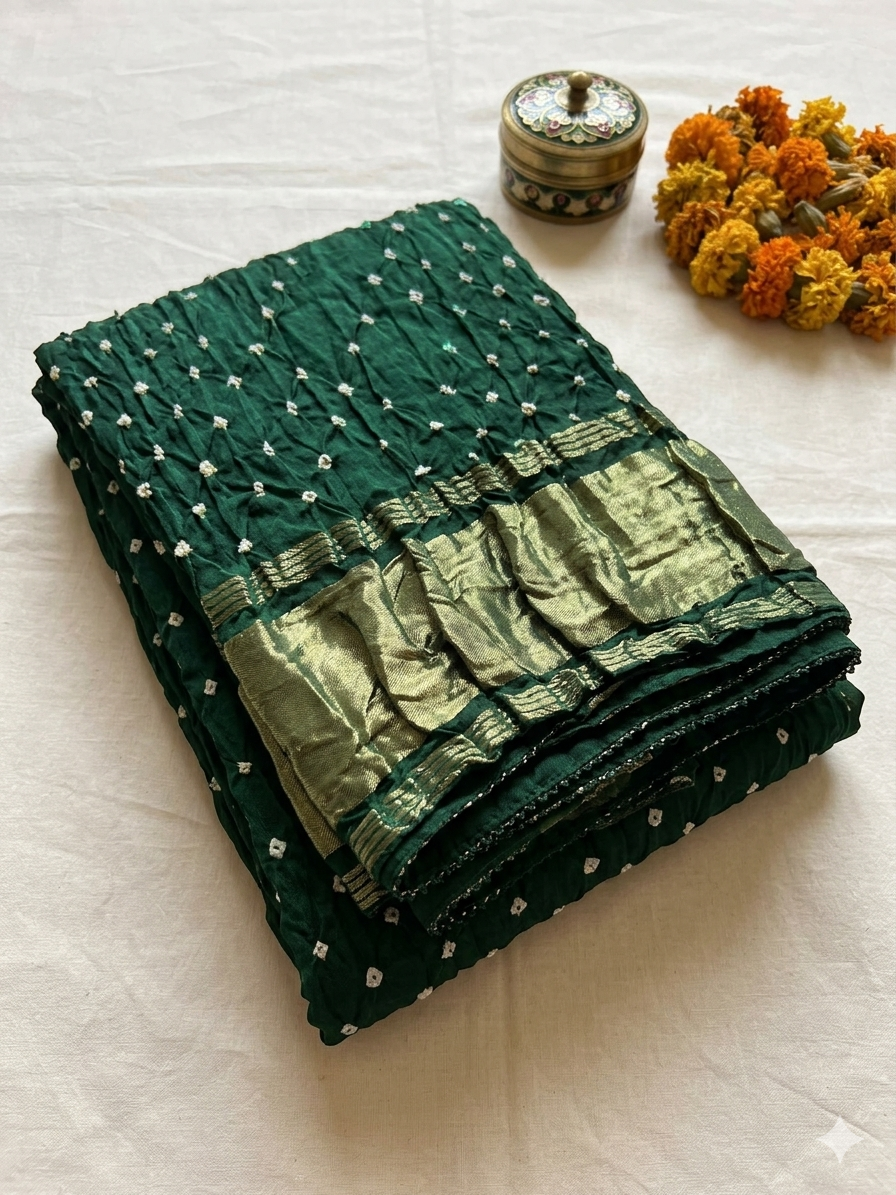 Green Bandhani Style Georgette Dupatta with Gold Border view 2