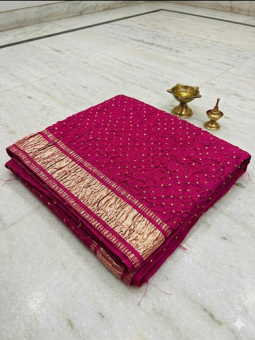 Traditional Pink Bandhani Dupatta with Golden Border view 2