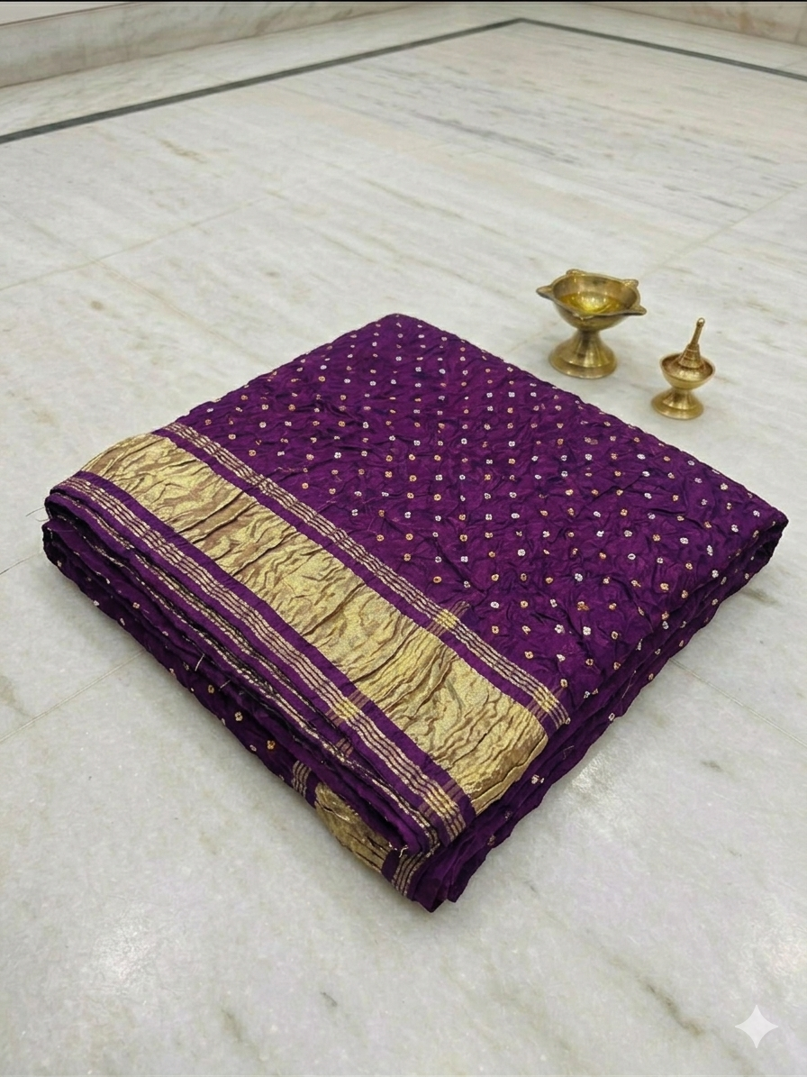 Purple Bandhani Traditional Dupatta with Golden Border view 2