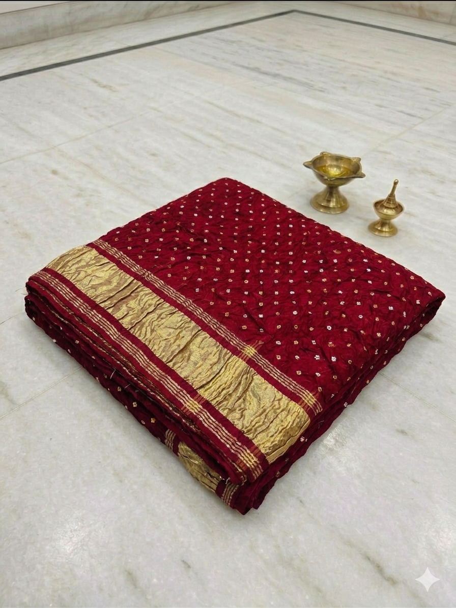 Traditional Red Bandhani Dupatta with Golden Border view 2