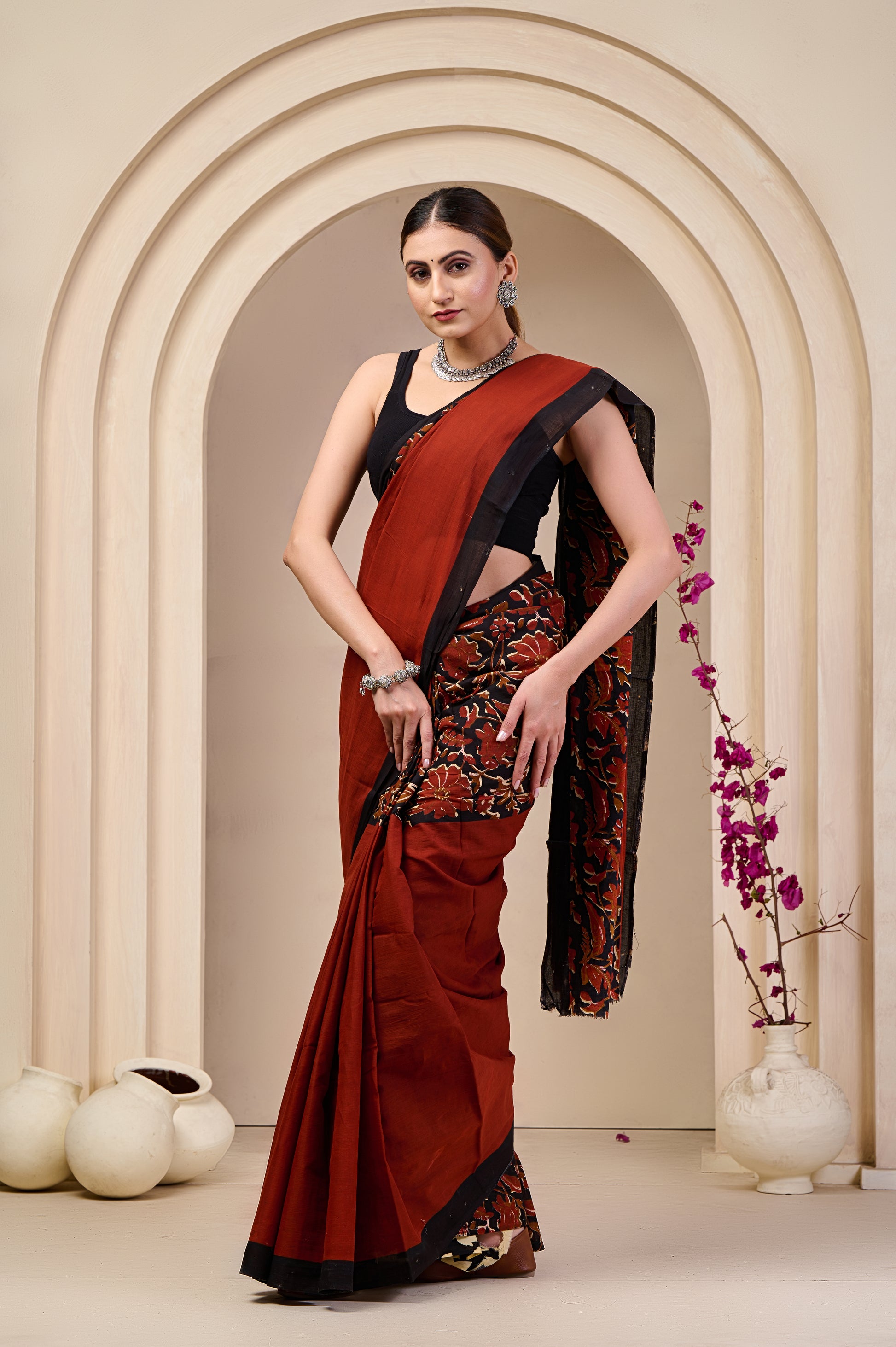 Elegant Rust and Black Floral Print Saree with Blouse Piece view 5