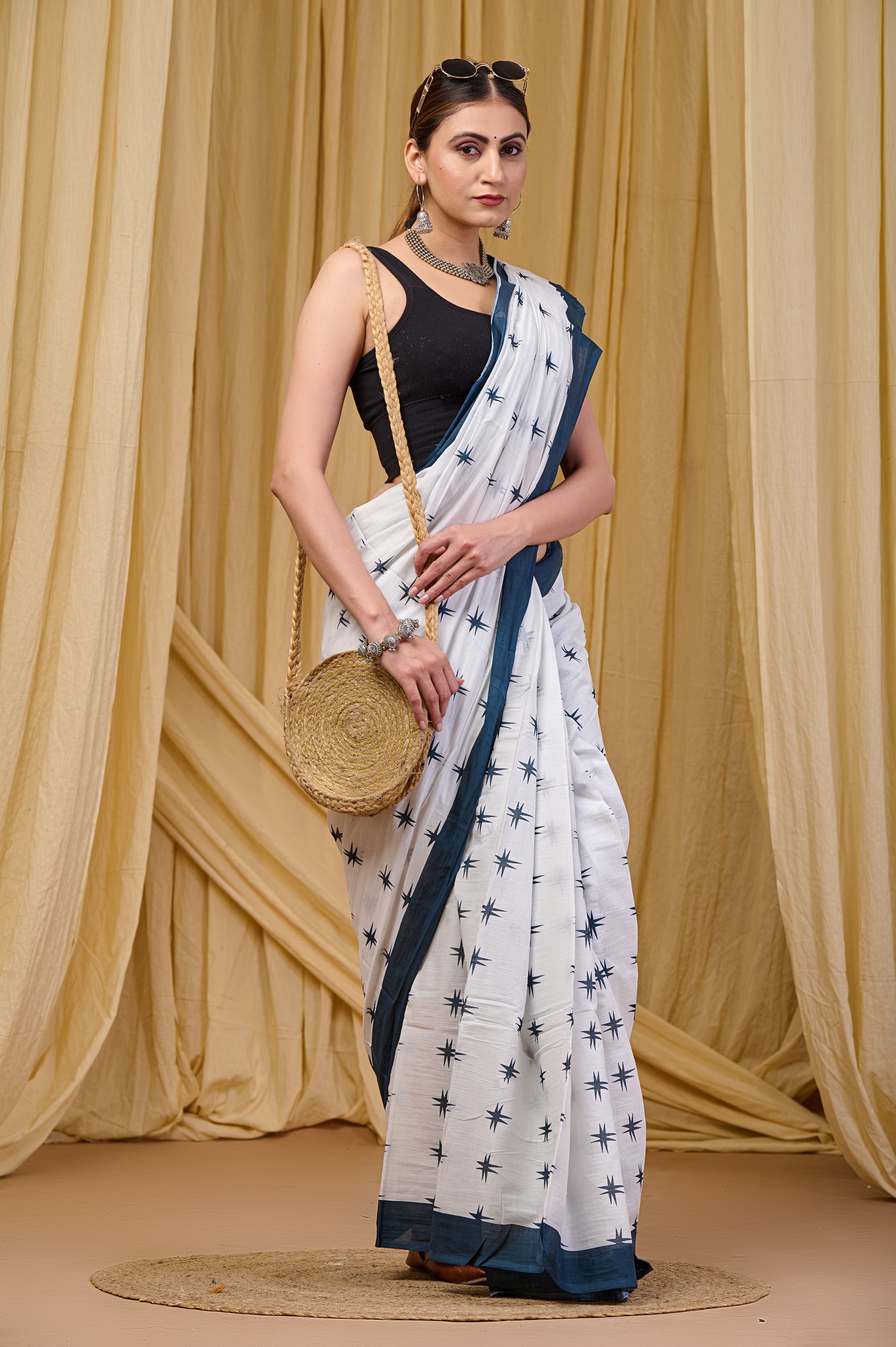White and Blue Printed Cotton Saree with Blouse view 5