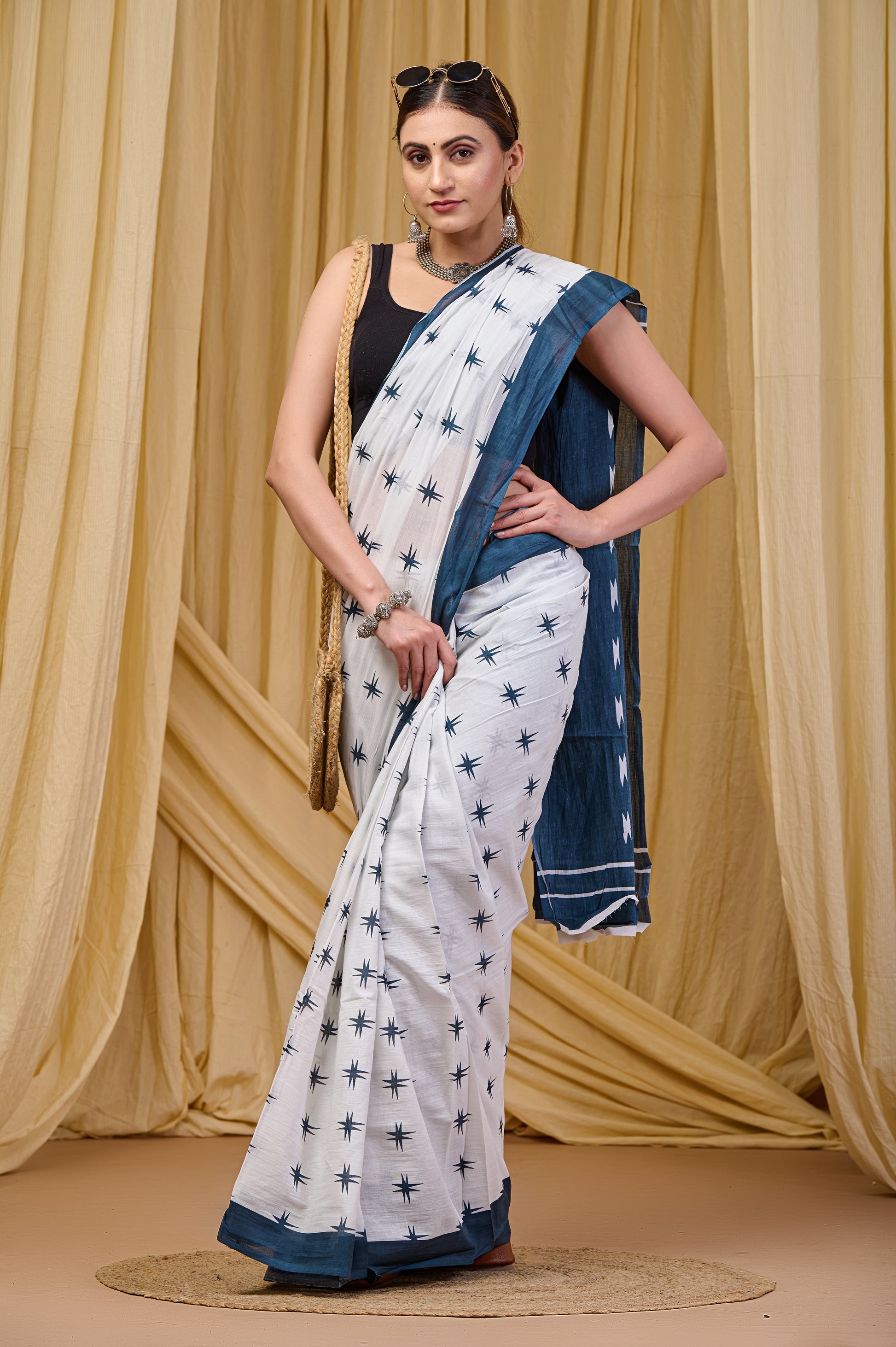 White and Blue Printed Cotton Saree with Blouse view 6