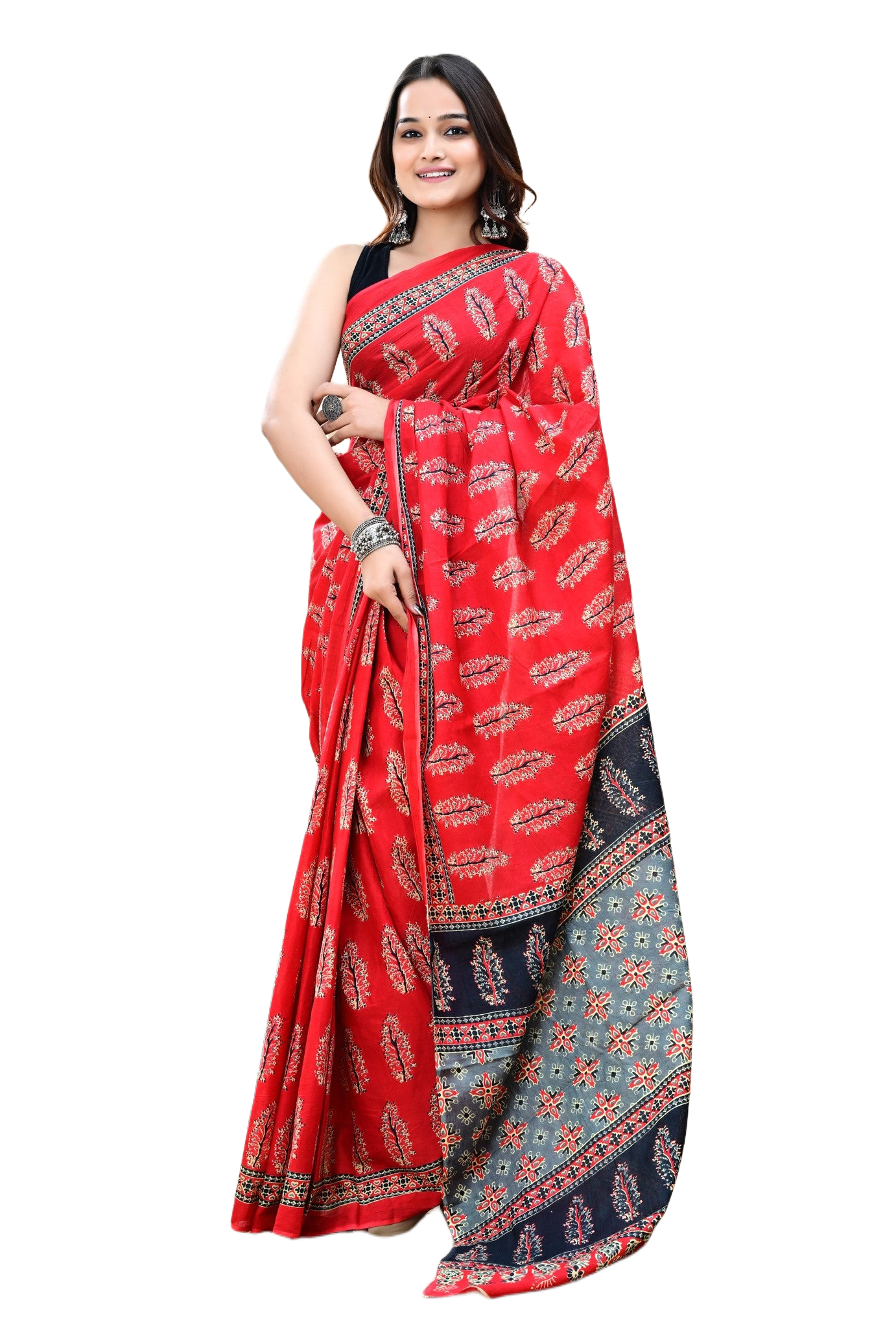 Red Printed Saree with Black and Grey Border view 5