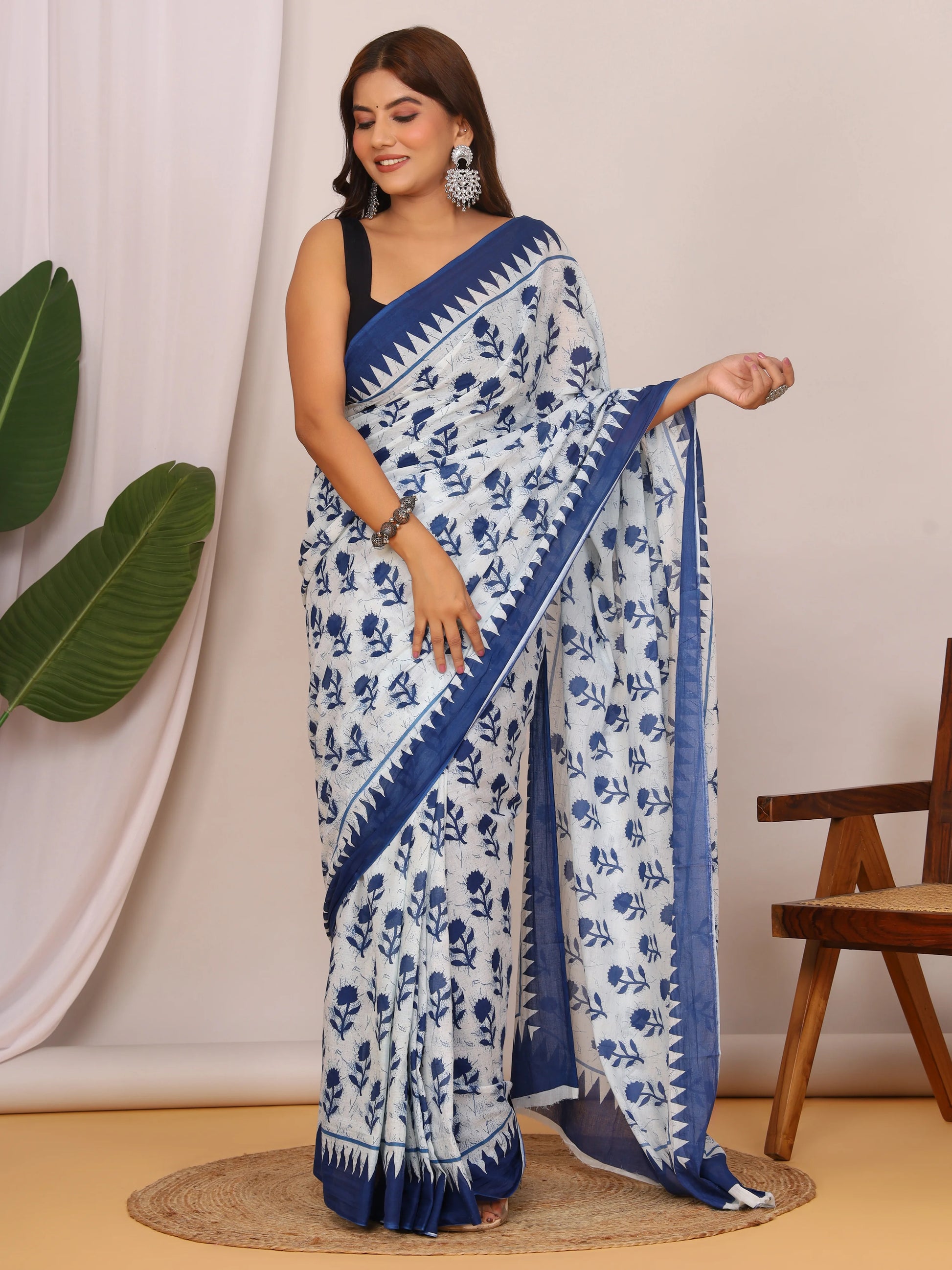 Cotton Mulmul Saree Bagru Jaipuri Handnlock New Traditional Print With Unstitched Blouse view 2