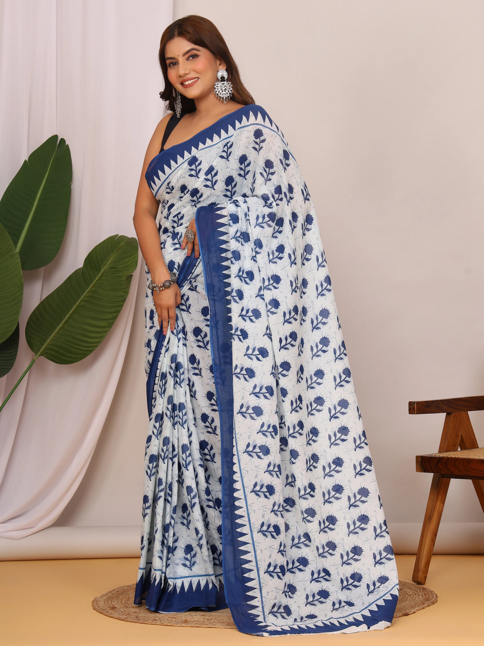 Cotton Mulmul Saree Bagru Jaipuri Handnlock New Traditional Print With Unstitched Blouse view 3