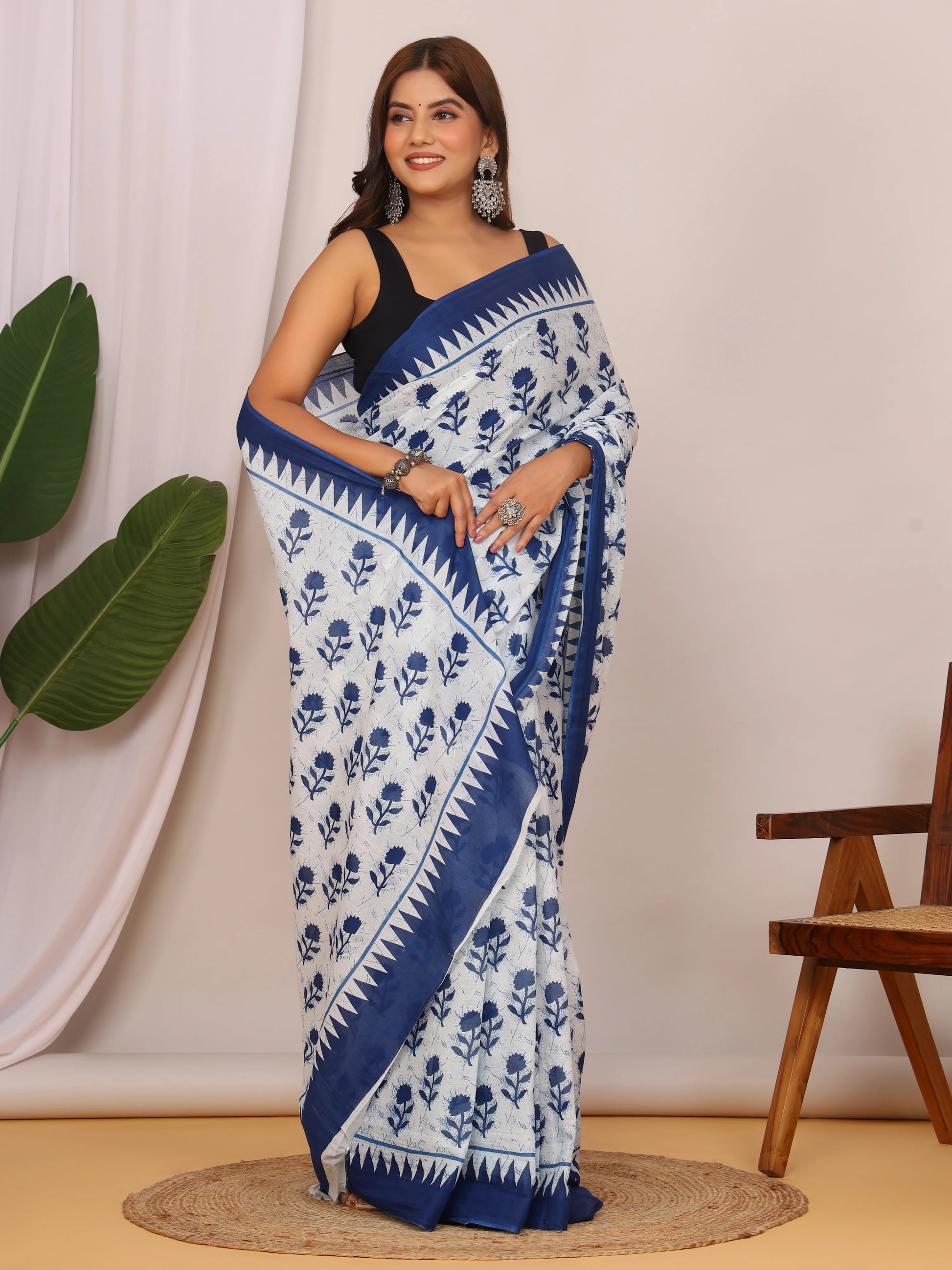 Cotton Mulmul Saree Bagru Jaipuri Handnlock New Traditional Print With Unstitched Blouse view 4