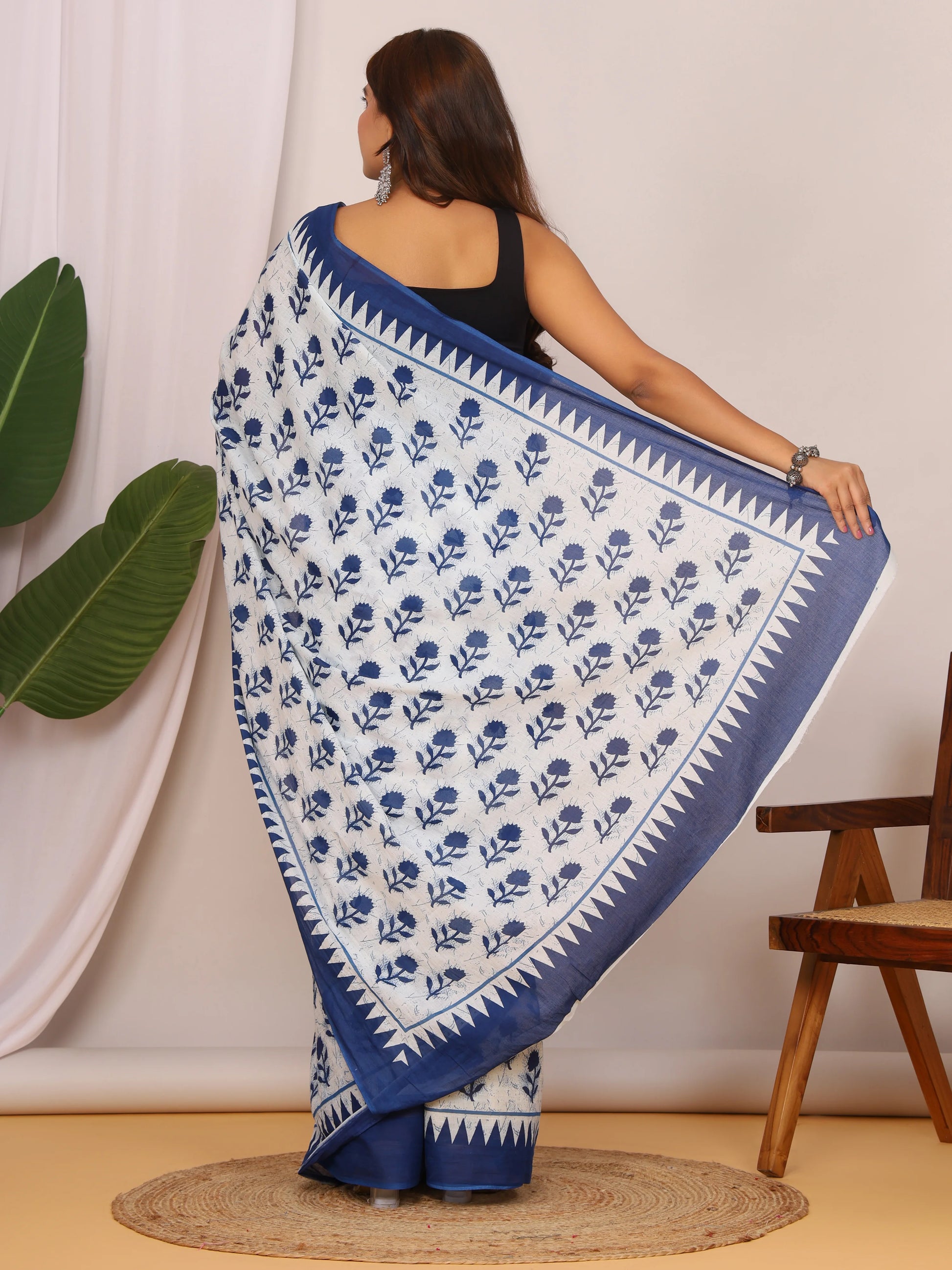 Cotton Mulmul Saree Bagru Jaipuri Handnlock New Traditional Print With Unstitched Blouse view 5