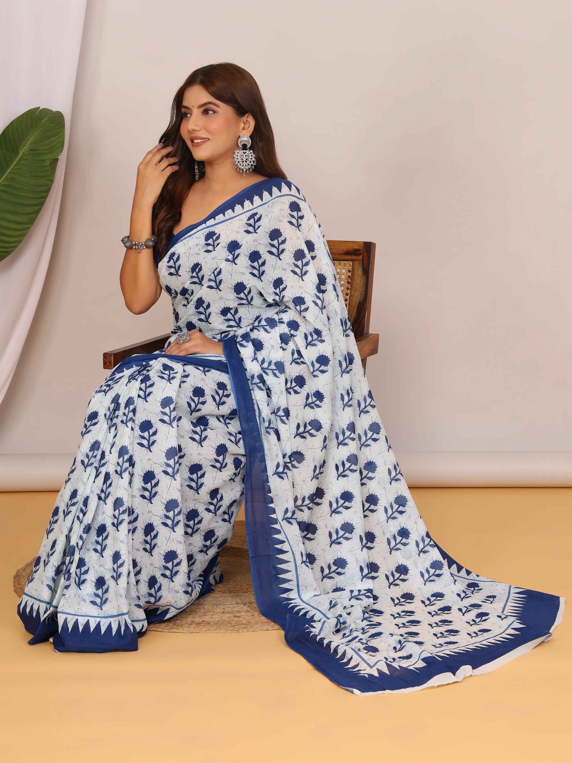 Cotton Mulmul Saree Bagru Jaipuri Handnlock New Traditional Print With Unstitched Blouse view 6