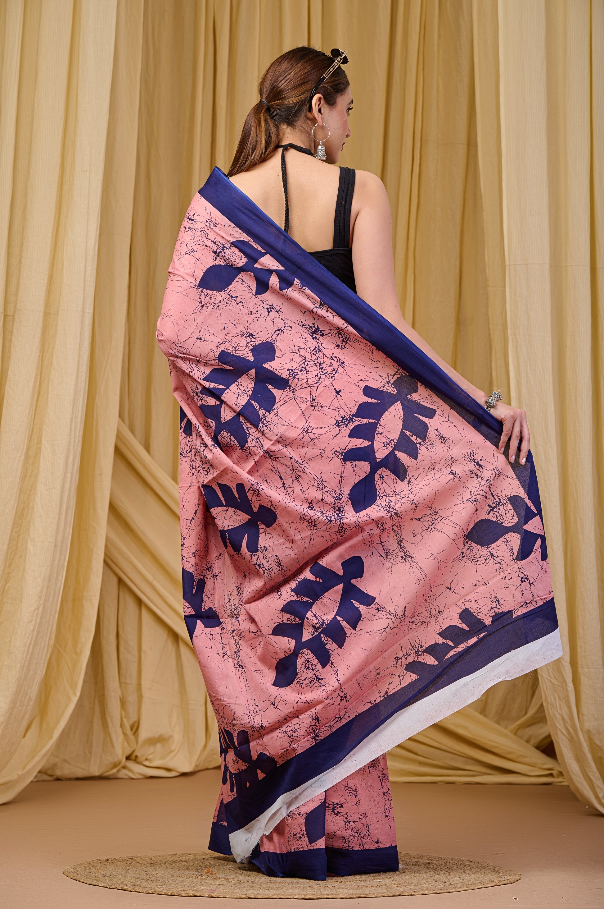Pink and Blue Floral Print Saree with Blouse Piece view 3