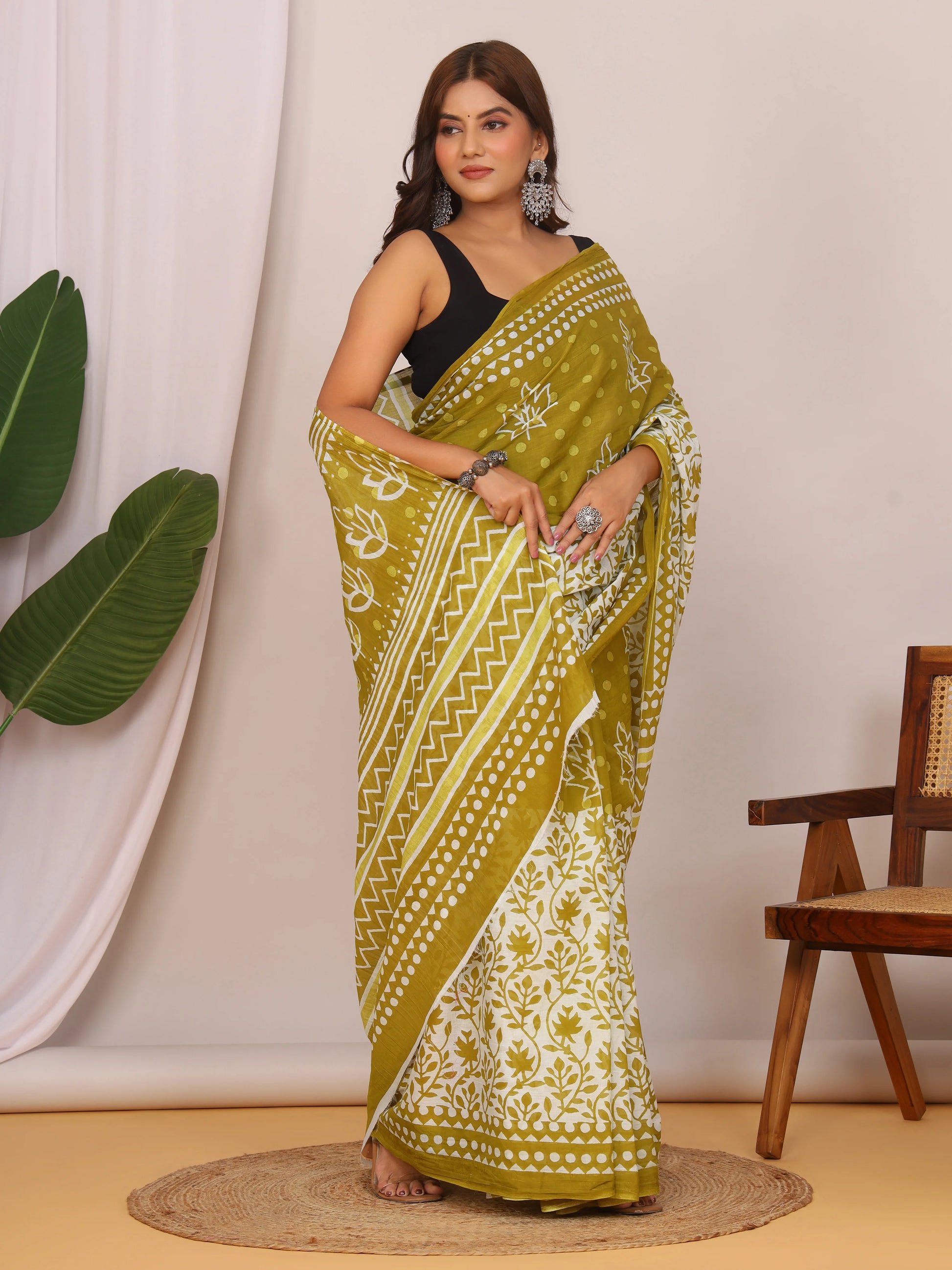Women Olive Green Hand Block Print Cotton Saree with Blouse Piece view 2