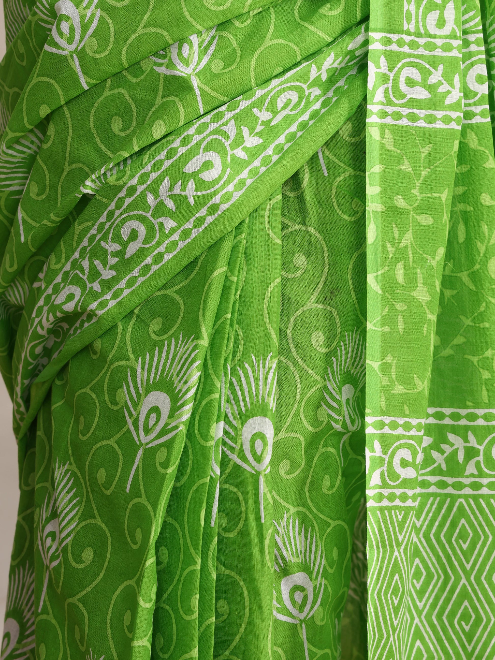 Parrot Green Hand Block Print Cotton Saree with Ethnic Border | Soft Cotton Daily Wear Saree view 2