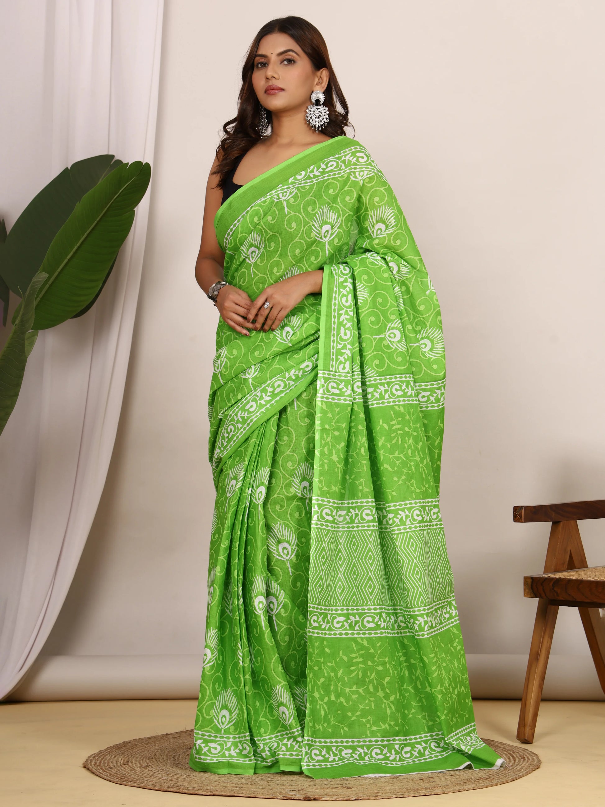 Parrot Green Hand Block Print Cotton Saree with Ethnic Border | Soft Cotton Daily Wear Saree view 3