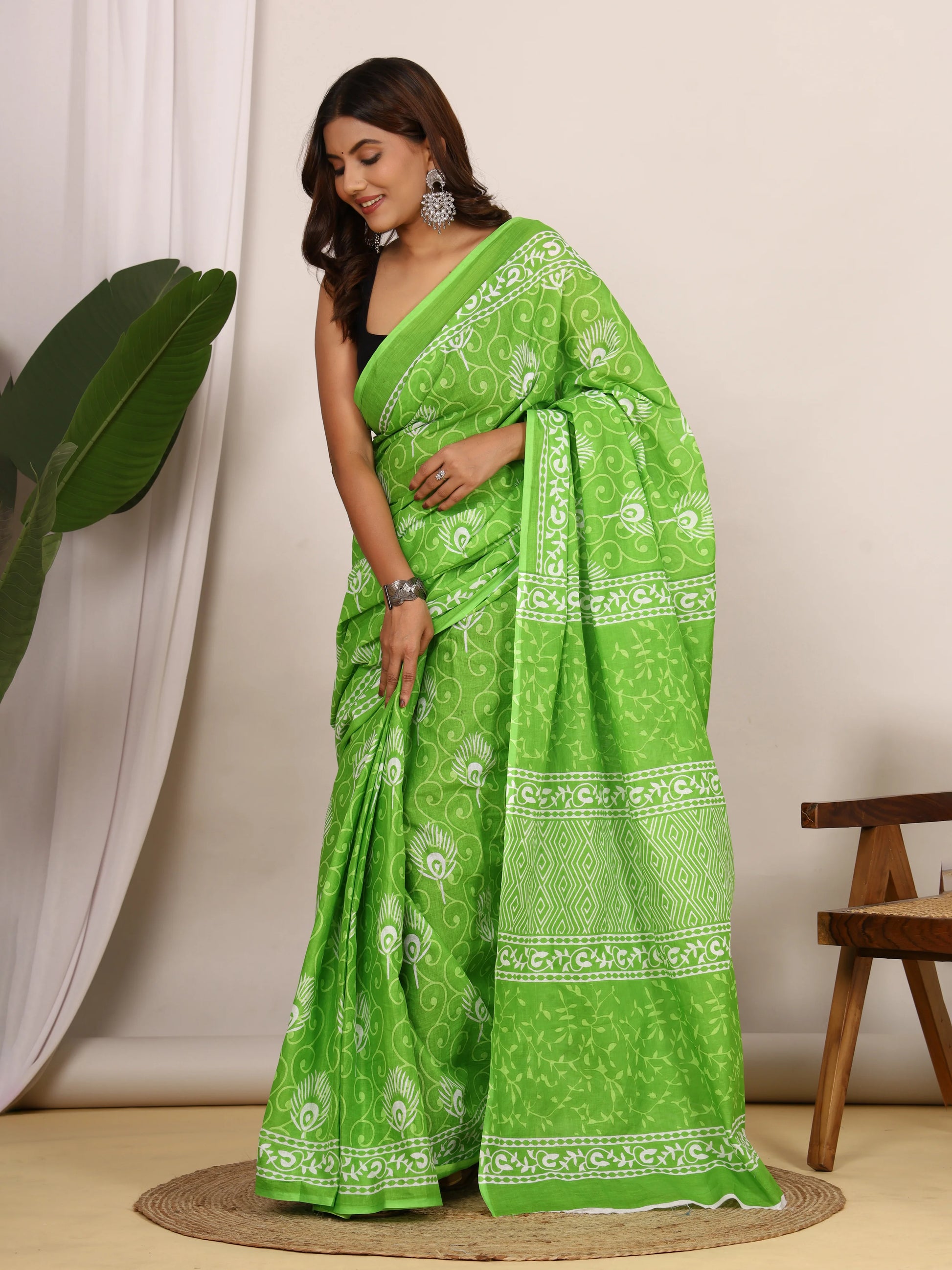 Parrot Green Hand Block Print Cotton Saree with Ethnic Border | Soft Cotton Daily Wear Saree view 4