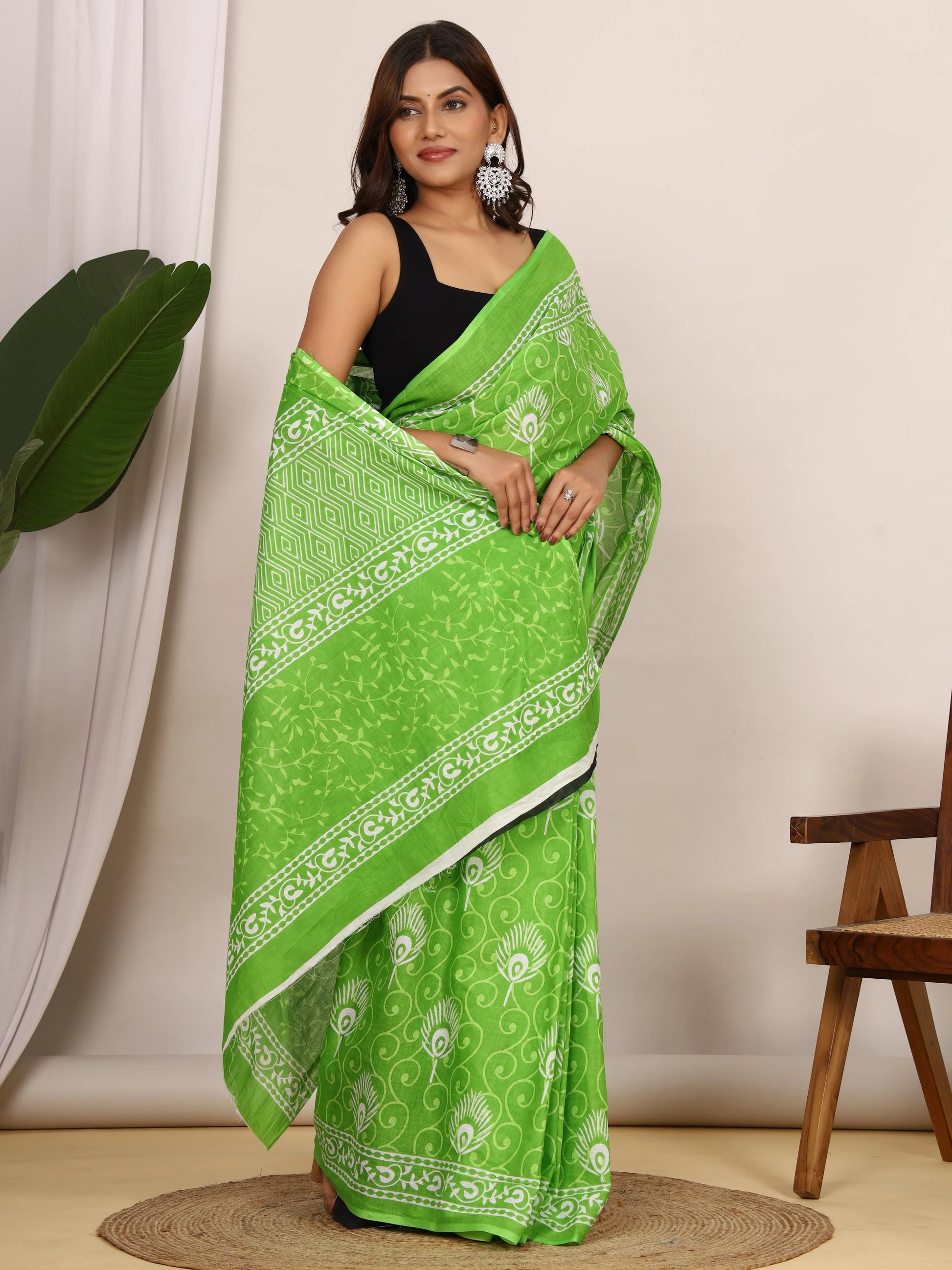 Parrot Green Hand Block Print Cotton Saree with Ethnic Border | Soft Cotton Daily Wear Saree view 5