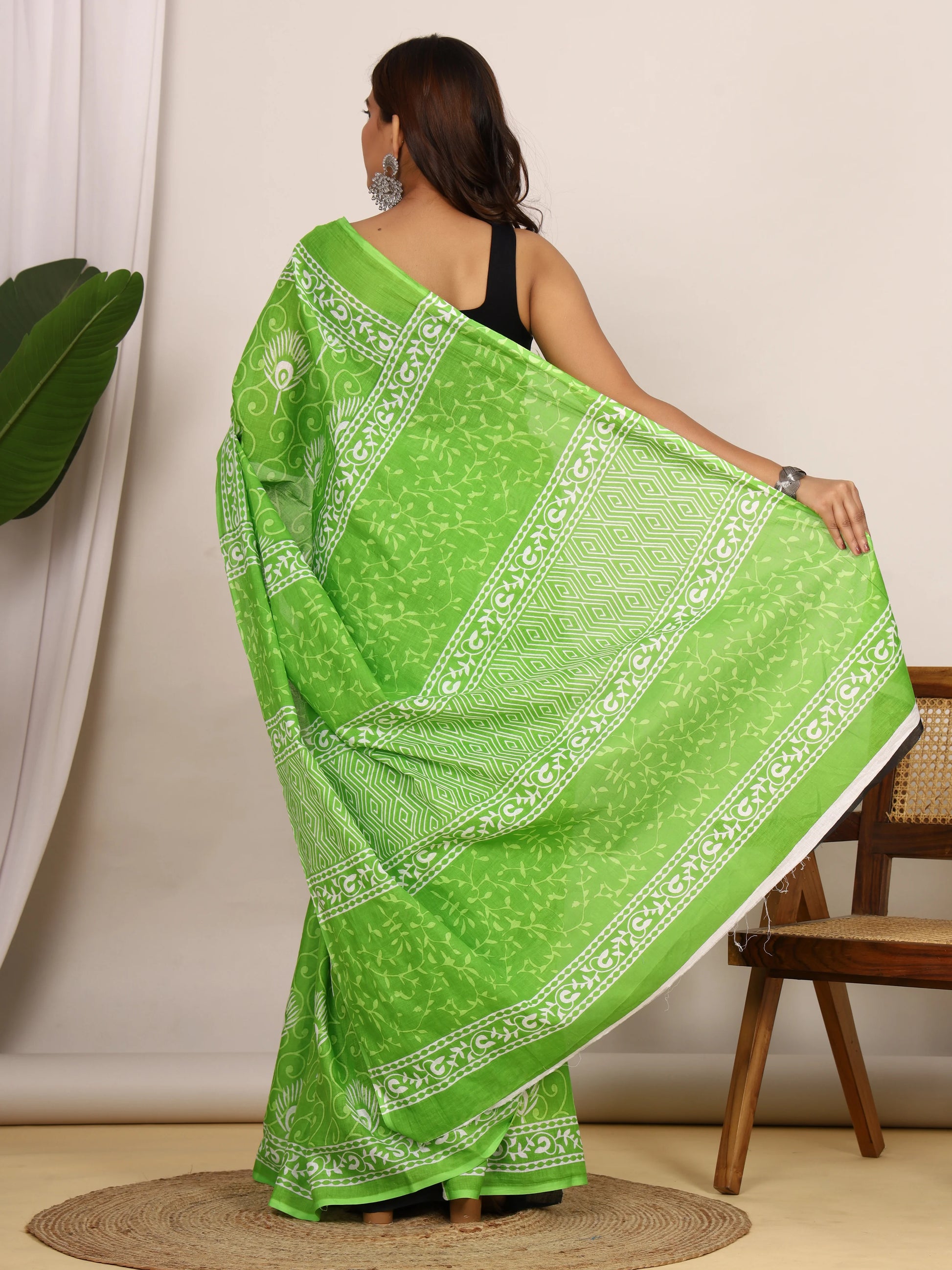 Parrot Green Hand Block Print Cotton Saree with Ethnic Border | Soft Cotton Daily Wear Saree view 7