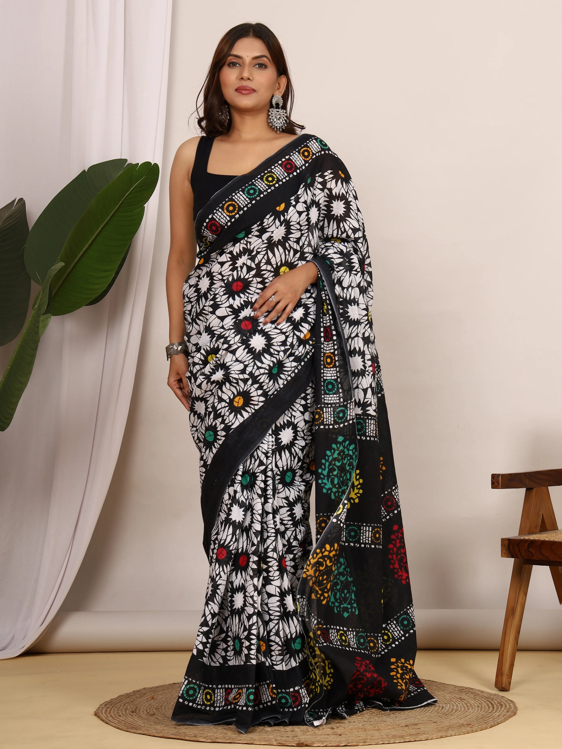 Black & White Floral Hand Block Print Cotton Saree with Running Blouse view 2