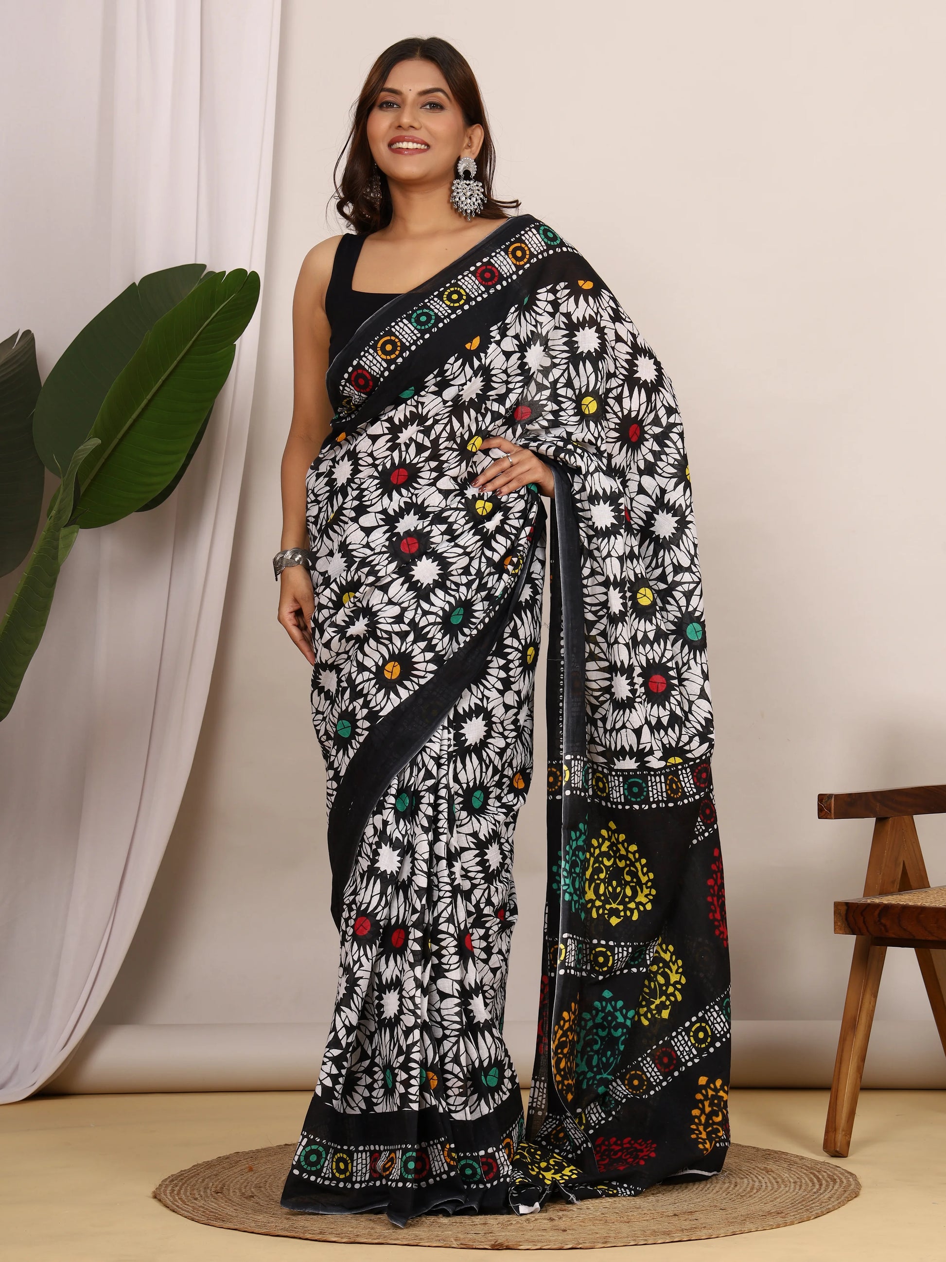 Black & White Floral Hand Block Print Cotton Saree with Running Blouse view 3