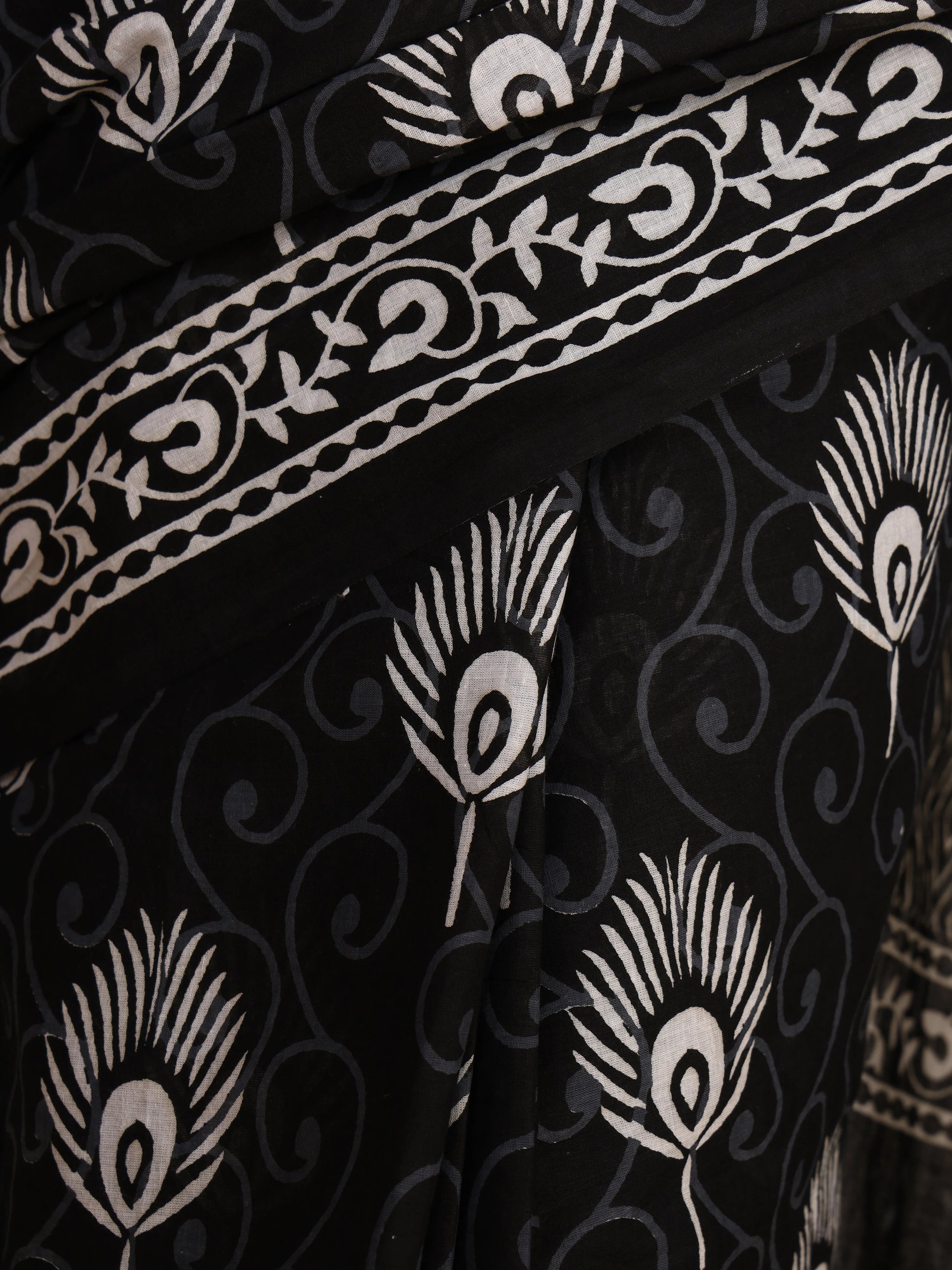 Elegant Black & White Pure Cotton Saree with Peacock Sanganeri Block Print view 7
