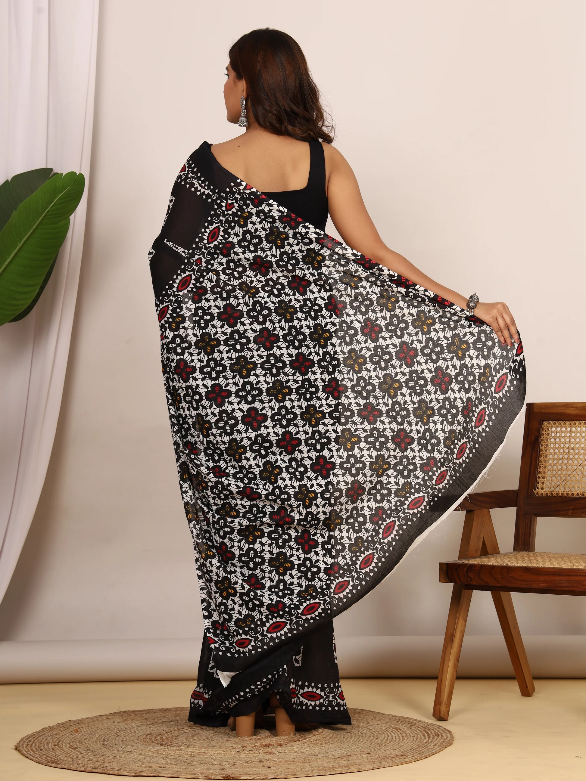 Black Hand Block Print Cotton Saree with Ethnic Motifs & Designer Printed Border view 2