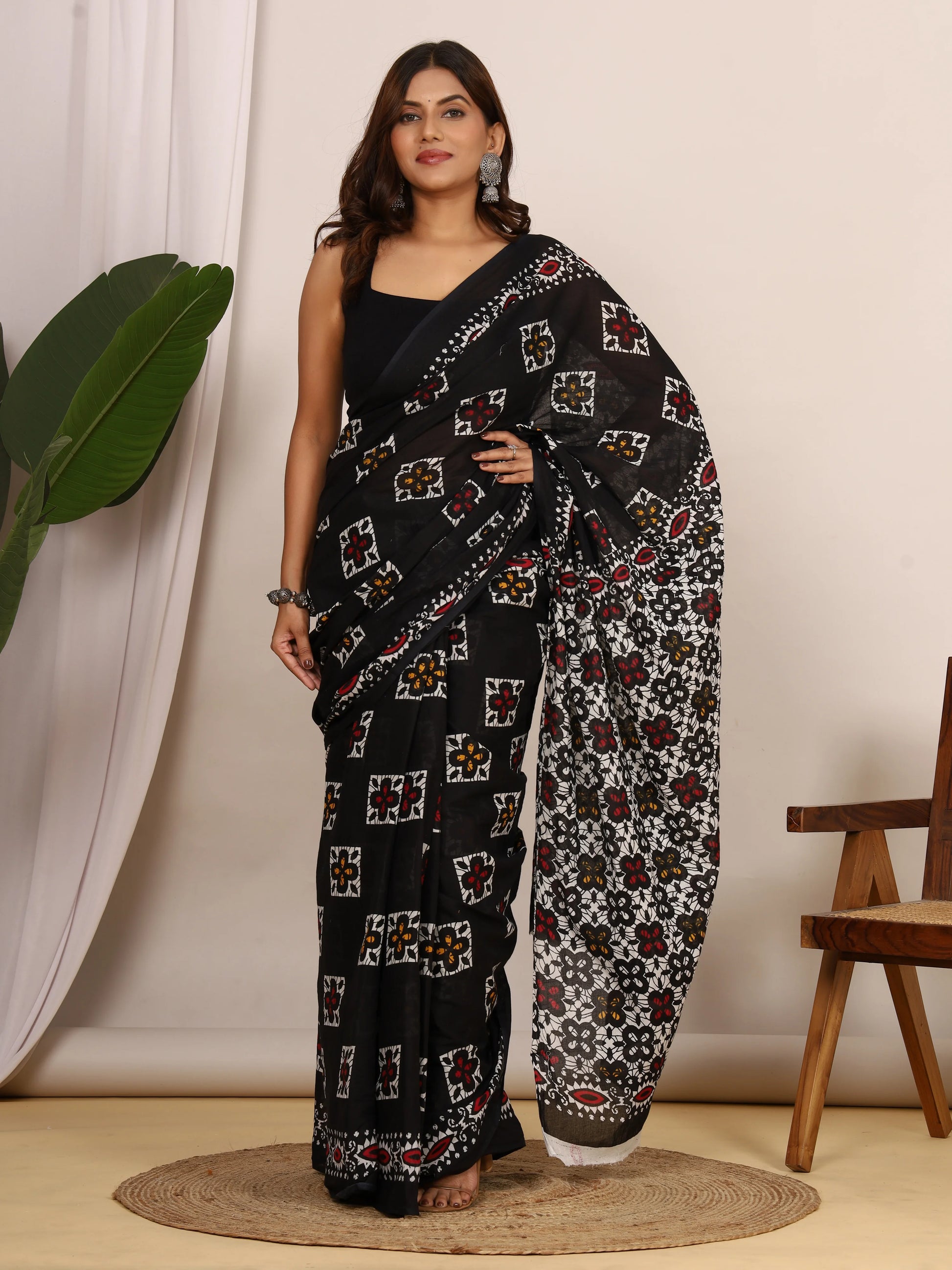 Black Hand Block Print Cotton Saree with Ethnic Motifs & Designer Printed Border view 3