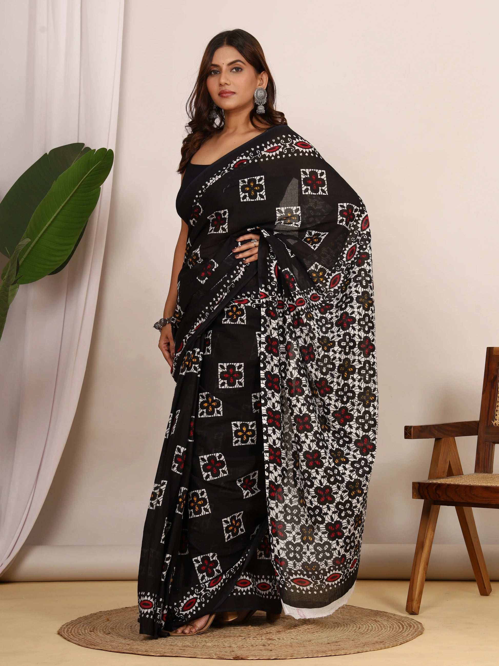 Black Hand Block Print Cotton Saree with Ethnic Motifs & Designer Printed Border view 4