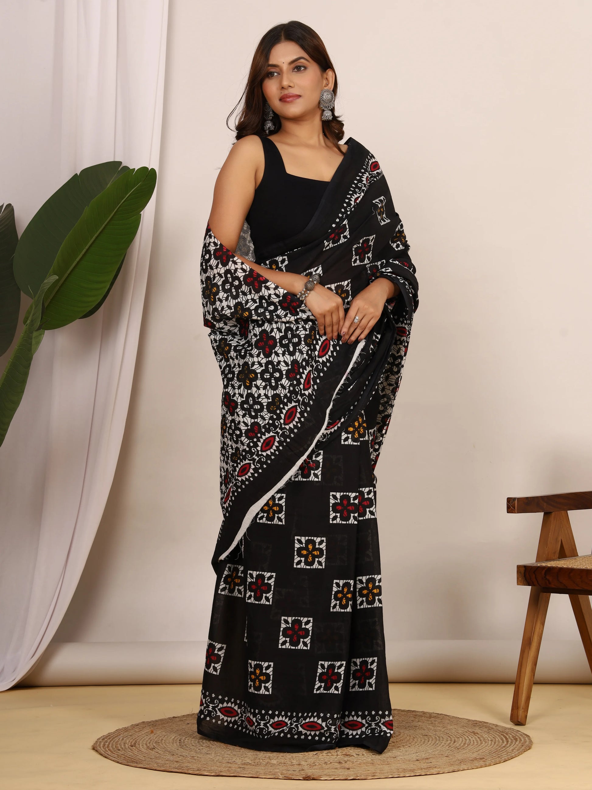 Black Hand Block Print Cotton Saree with Ethnic Motifs & Designer Printed Border view 5