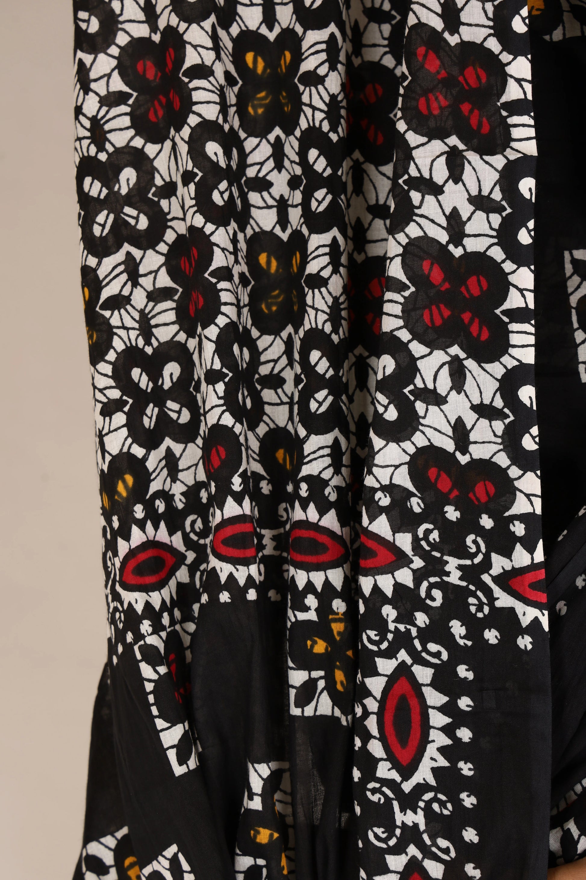 Black Hand Block Print Cotton Saree with Ethnic Motifs & Designer Printed Border view 6