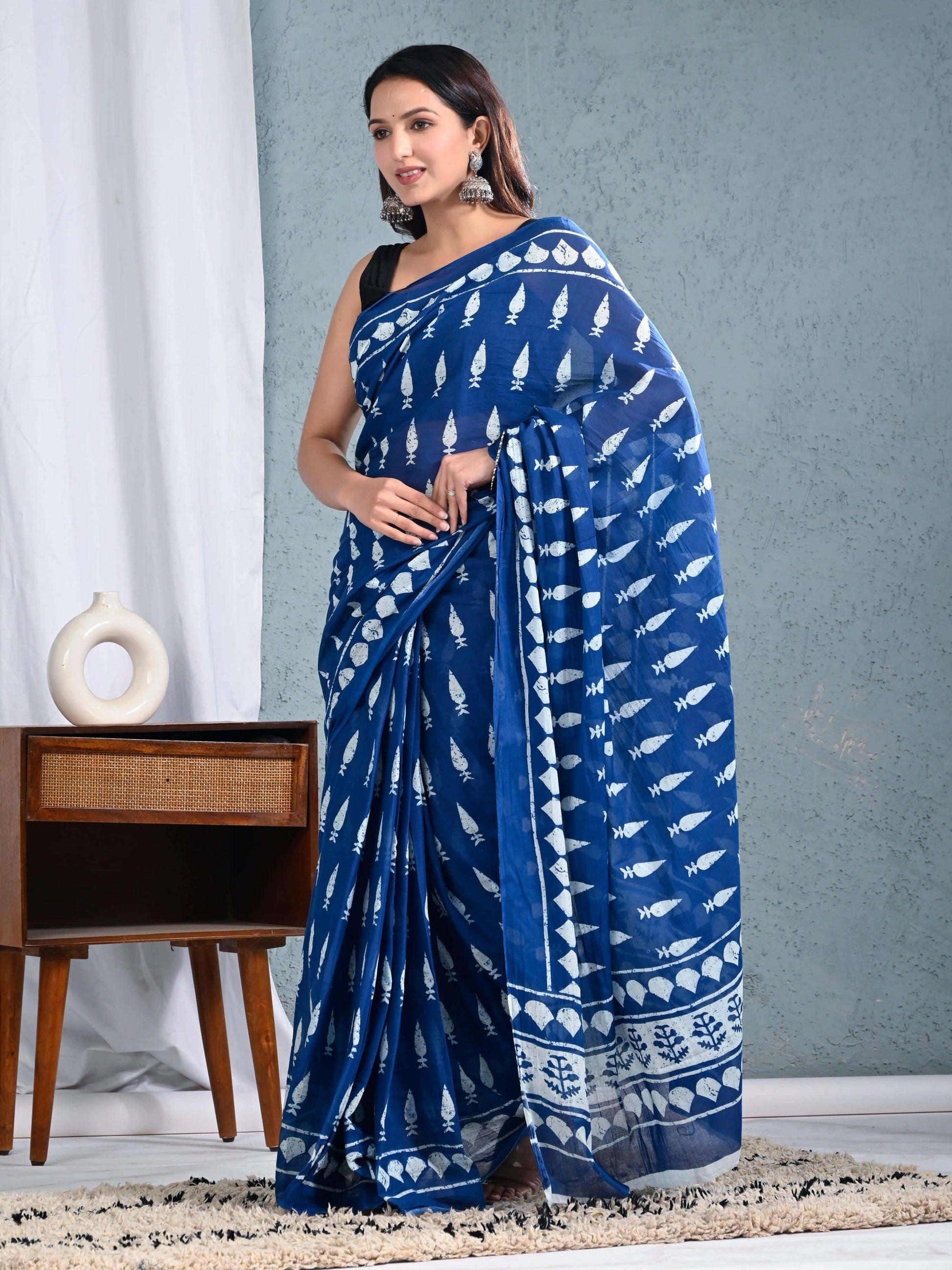 Blue Printed Cotton Saree for Women view 2