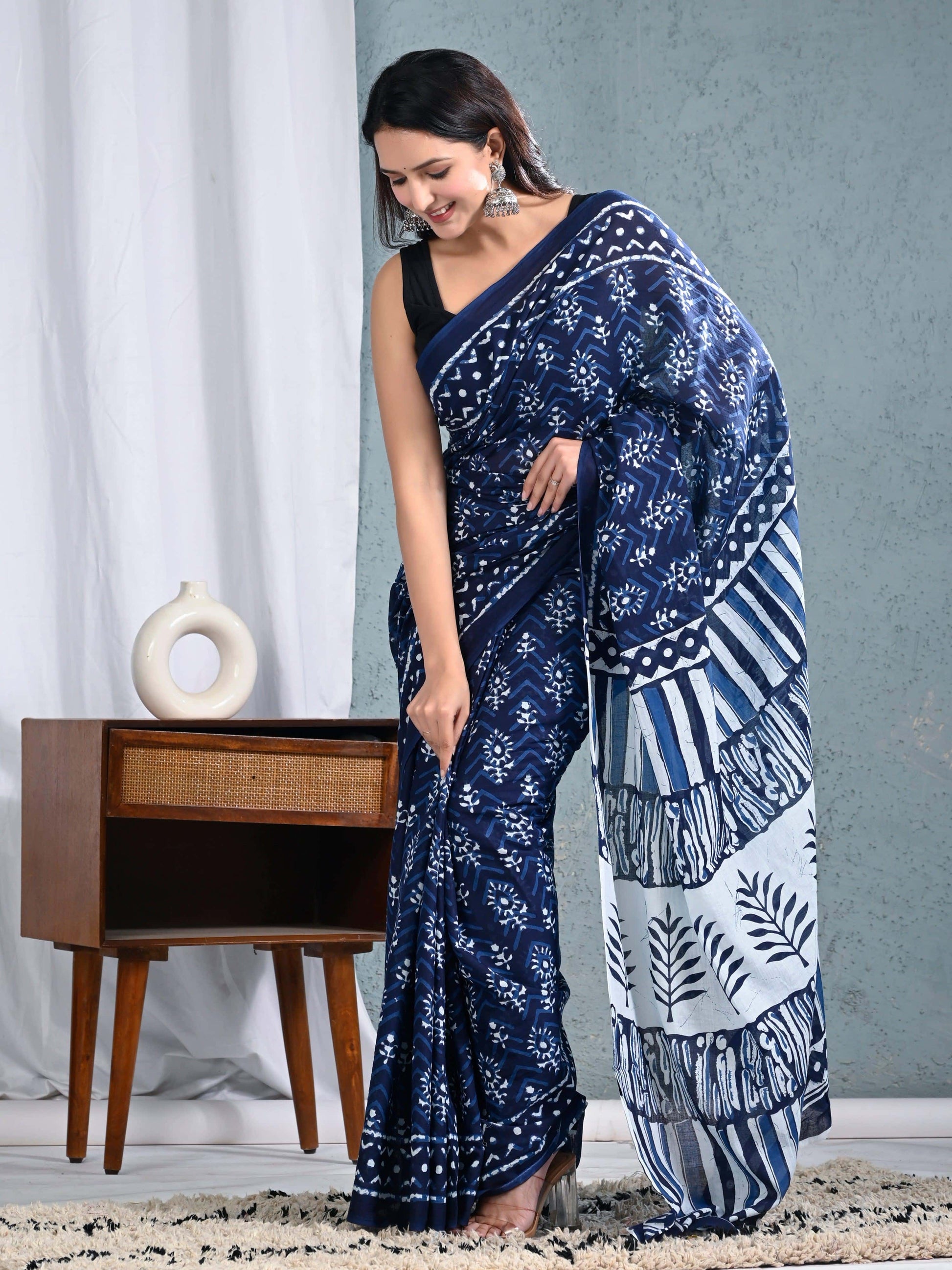 Blue Printed Saree with Ethnic Patterns view 2