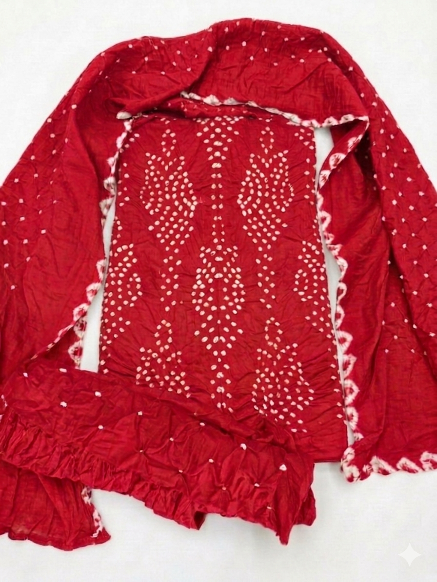 Red Bandhani Printed Saree with Lace Border view 2