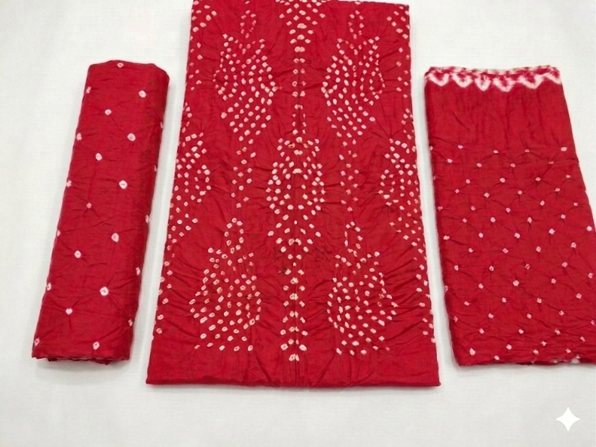Red Bandhani Printed Saree with Lace Border view 3