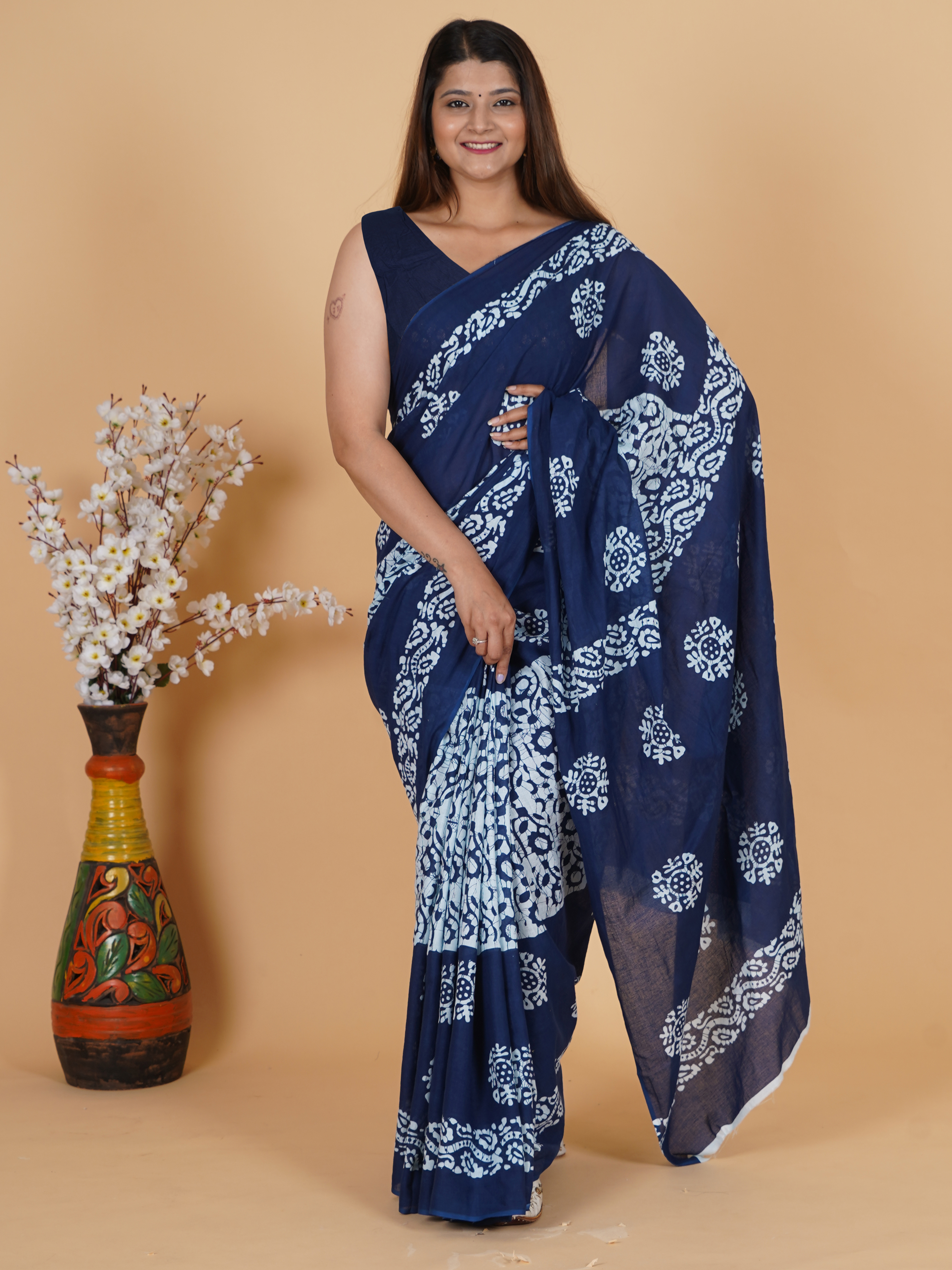 Printed Royal Blue Cotton Saree view 2