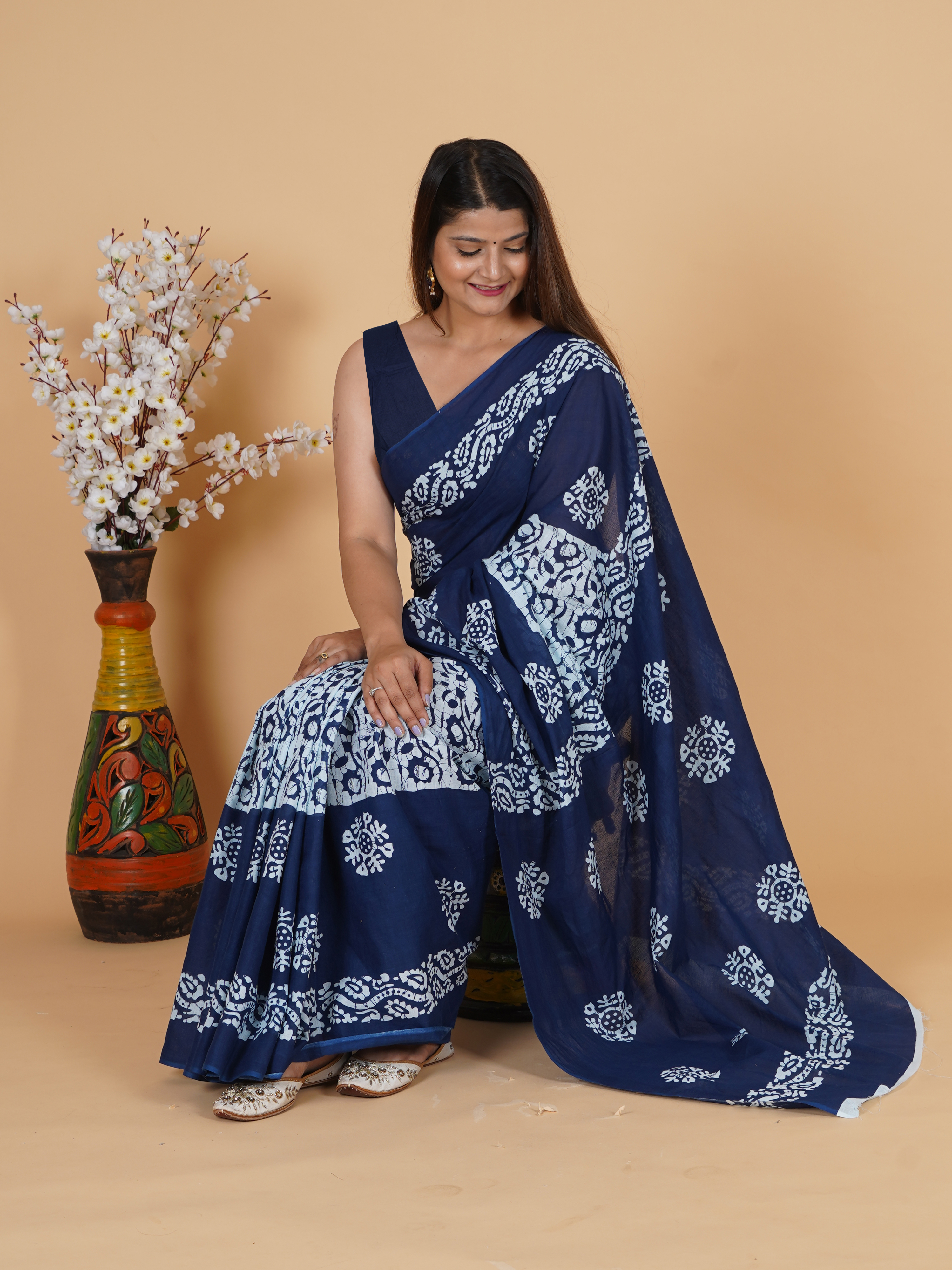 Printed Royal Blue Cotton Saree view 7