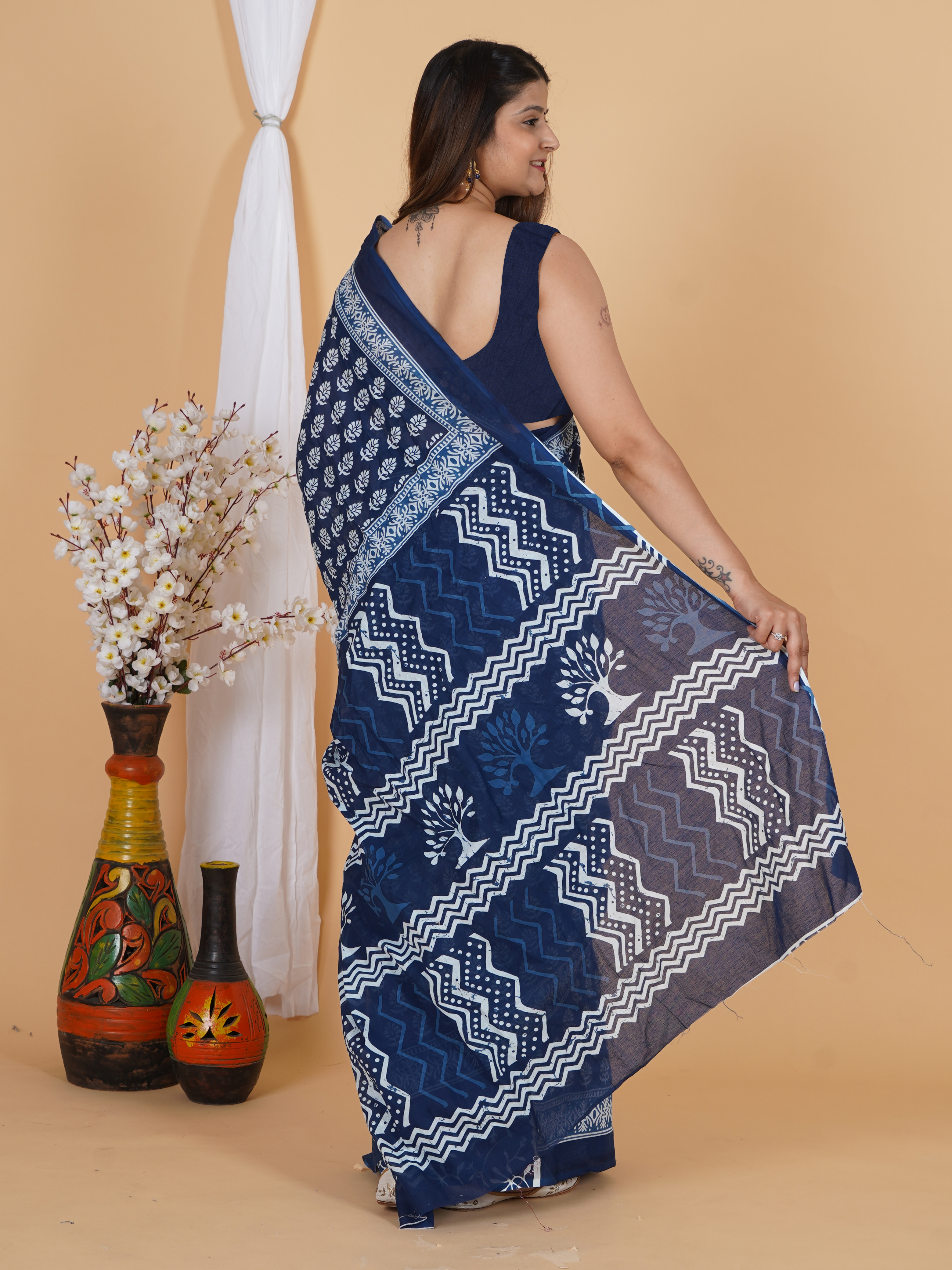 Royal Blue Cotton Saree by SoftSpun Fabrics view 2