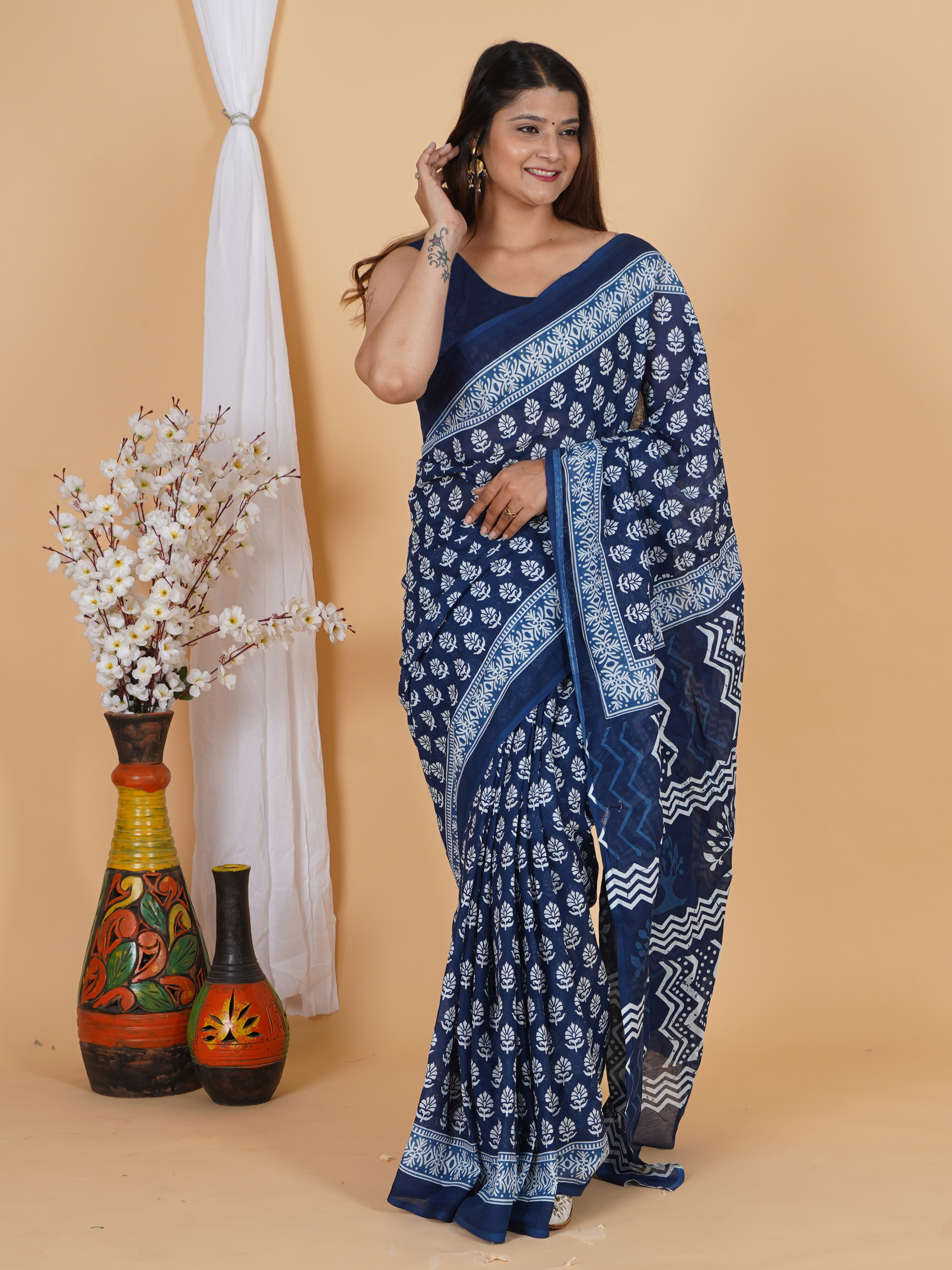 Royal Blue Cotton Saree by SoftSpun Fabrics view 3