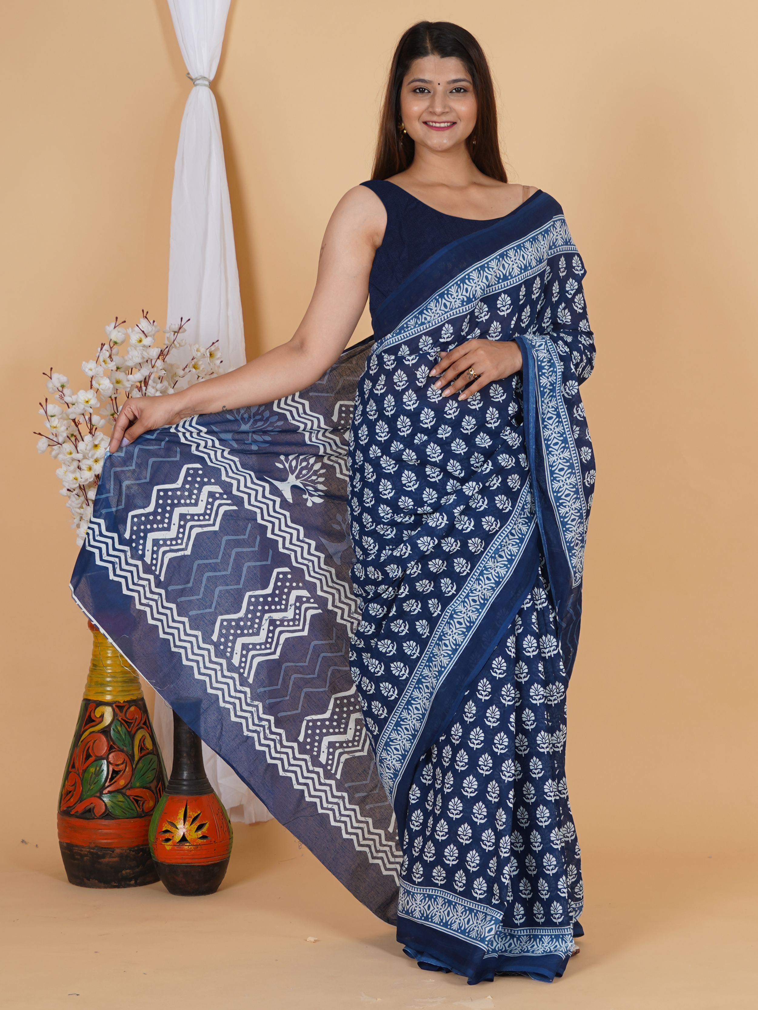 Royal Blue Cotton Saree by SoftSpun Fabrics view 4
