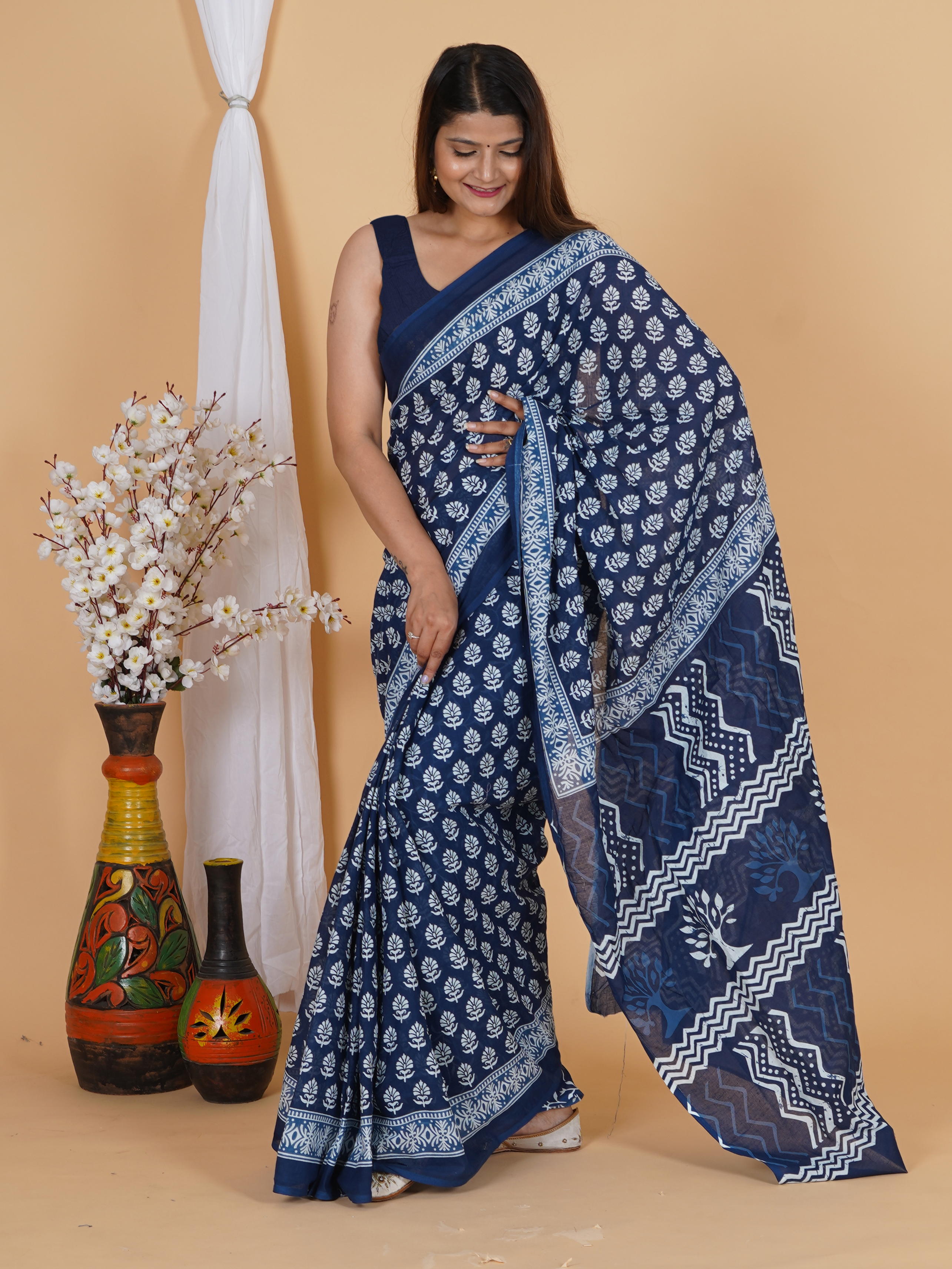 Royal Blue Cotton Saree by SoftSpun Fabrics view 5