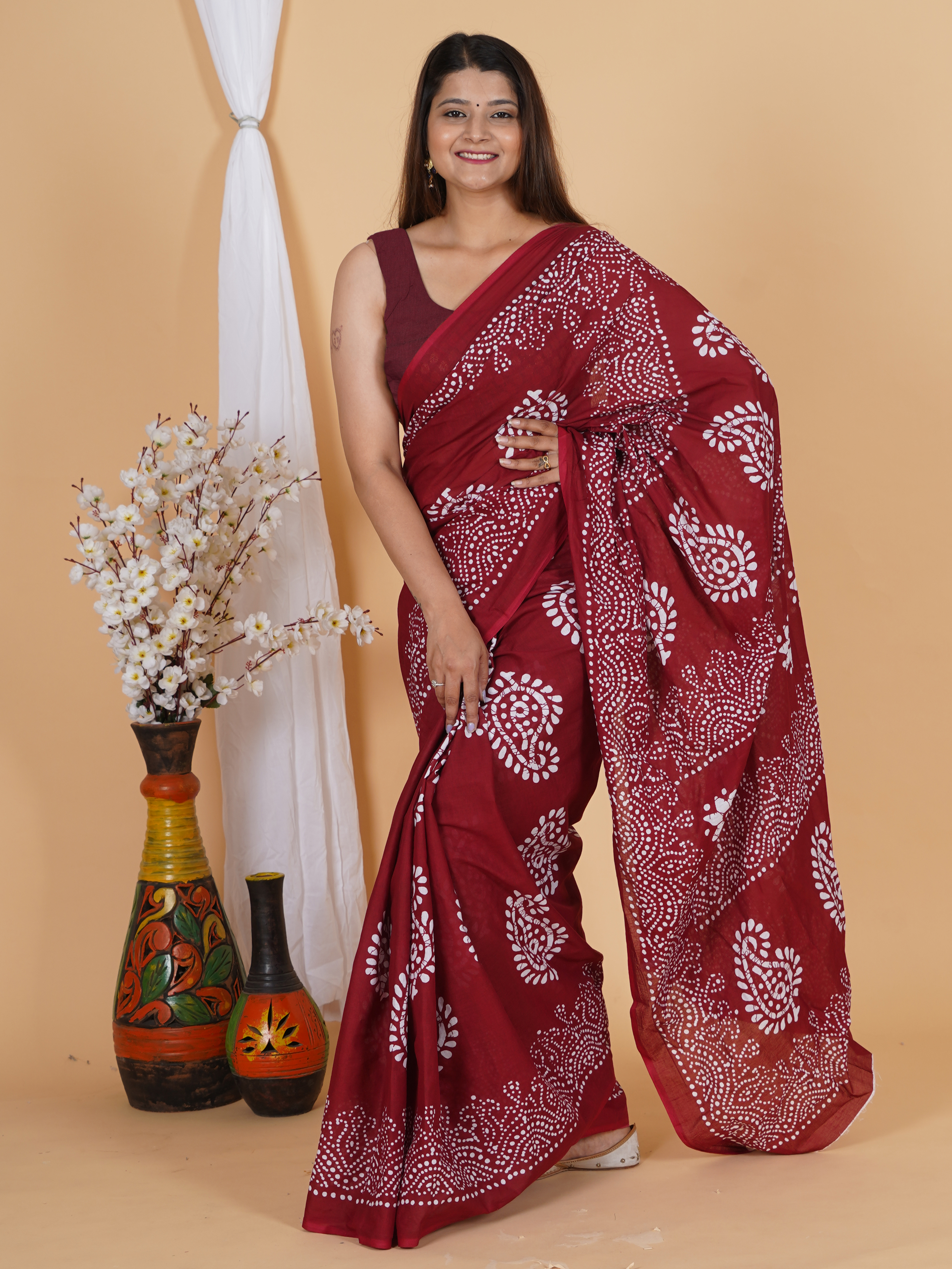 Maroon Pure Cotton Printed Saree view 2