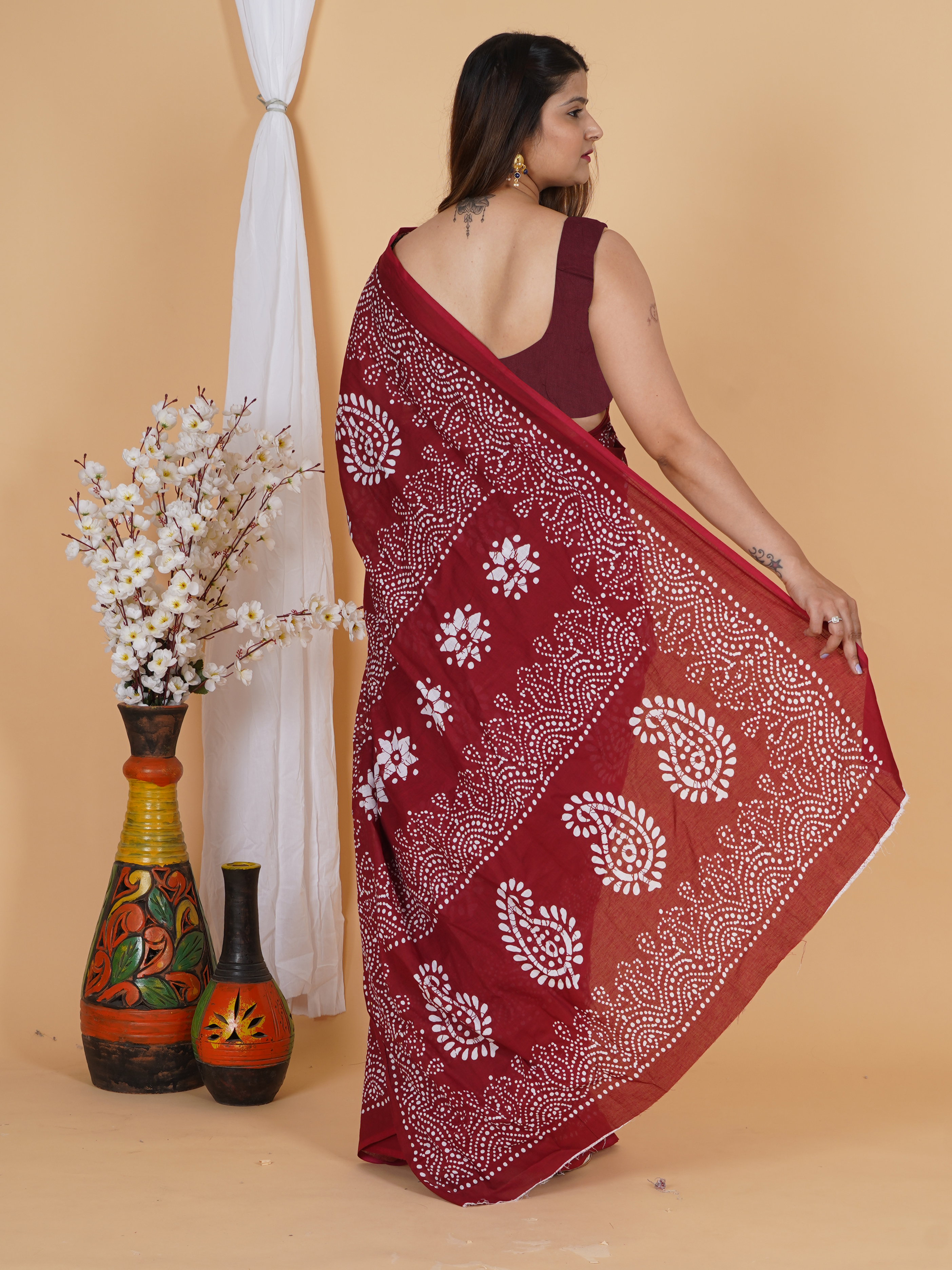 Maroon Pure Cotton Printed Saree view 4