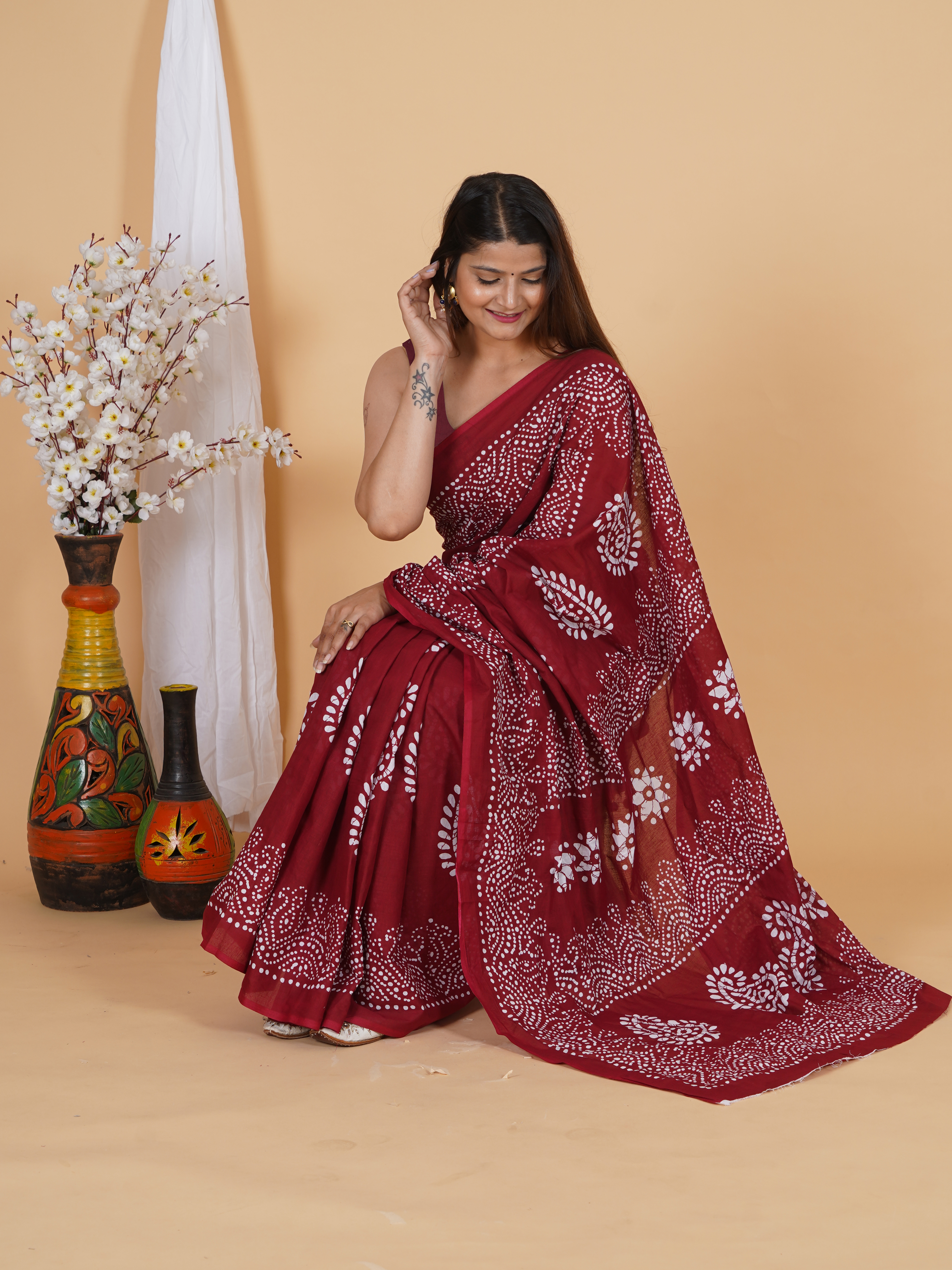 Maroon Pure Cotton Printed Saree view 6