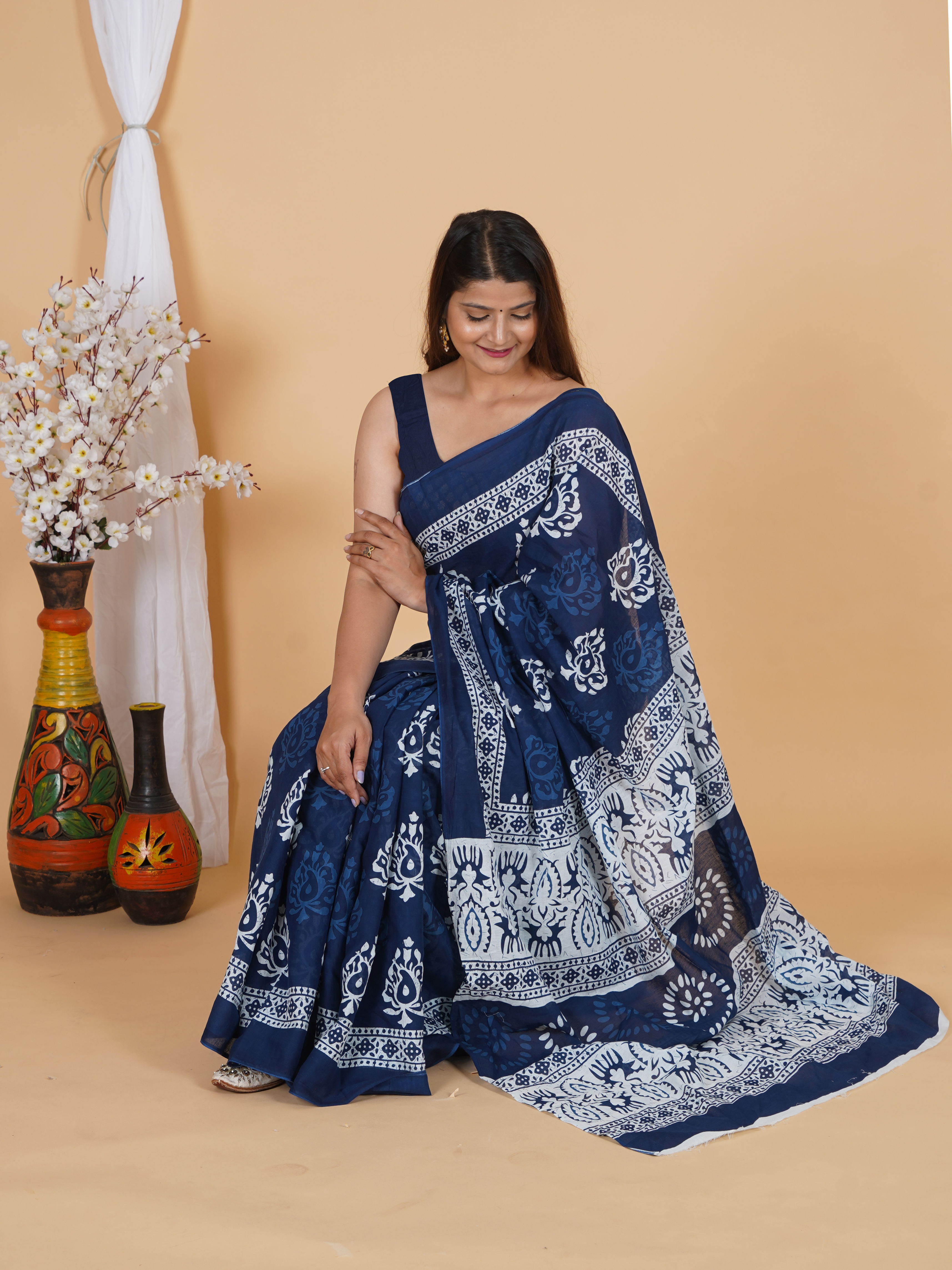 Beautiful Navy Blue Cotton Printed Saree view 6