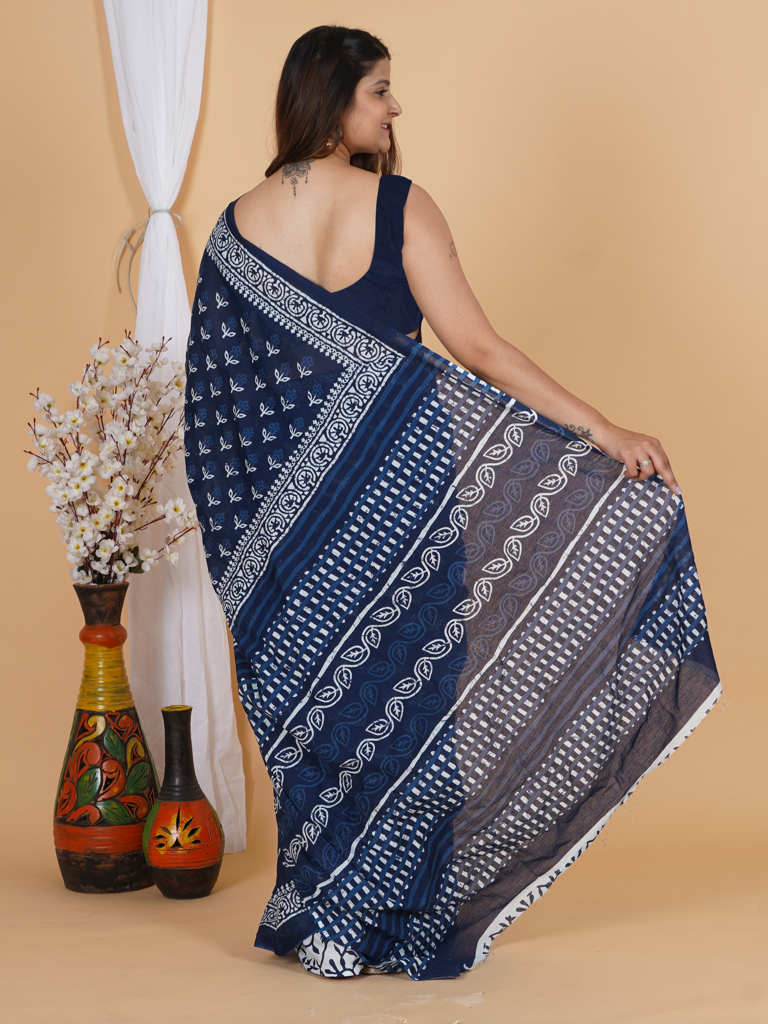 Navy Blue Printed Cotton Saree for Women - SoftSpun view 2