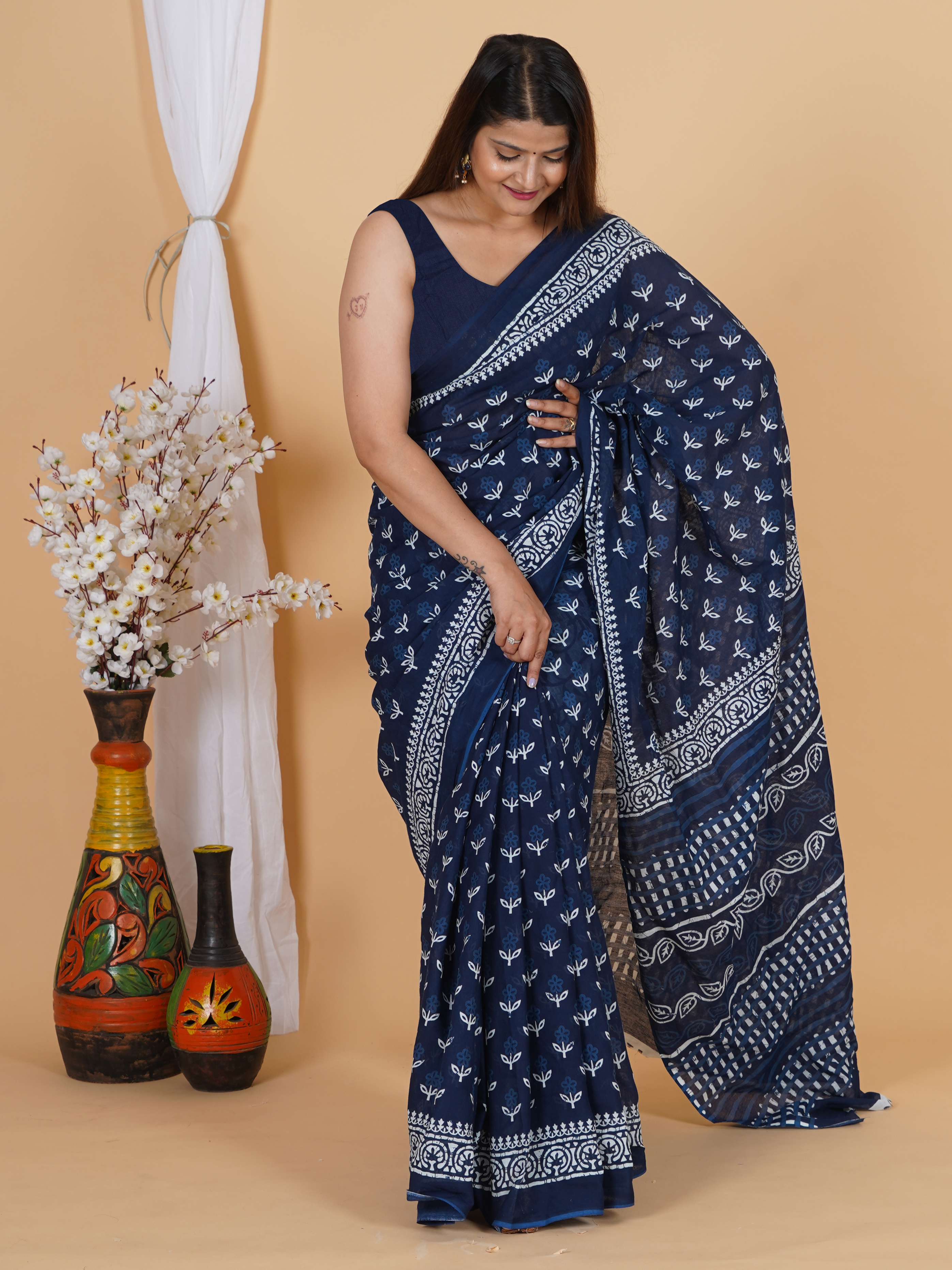 Navy Blue Printed Cotton Saree for Women - SoftSpun view 3
