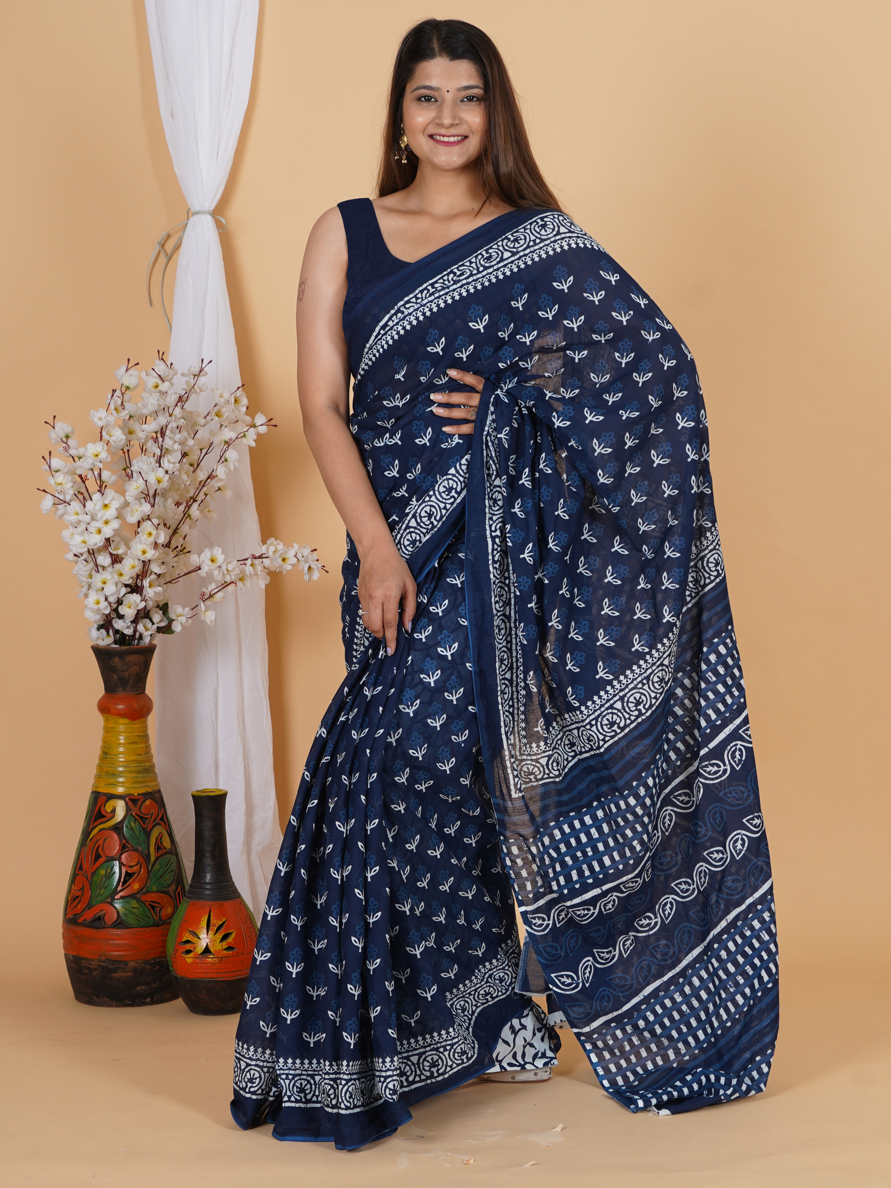 Navy Blue Printed Cotton Saree for Women - SoftSpun view 4