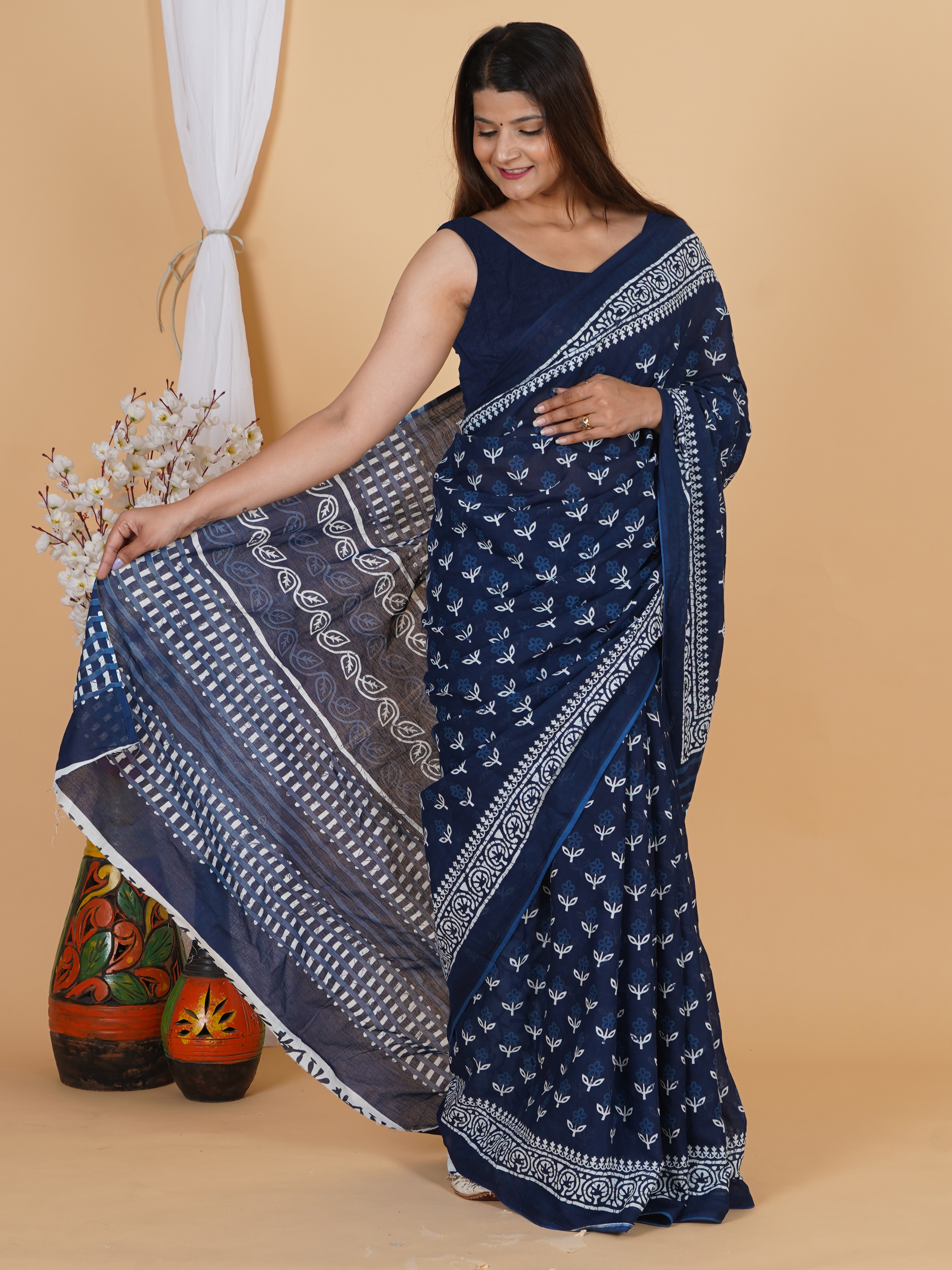 Navy Blue Printed Cotton Saree for Women - SoftSpun view 5
