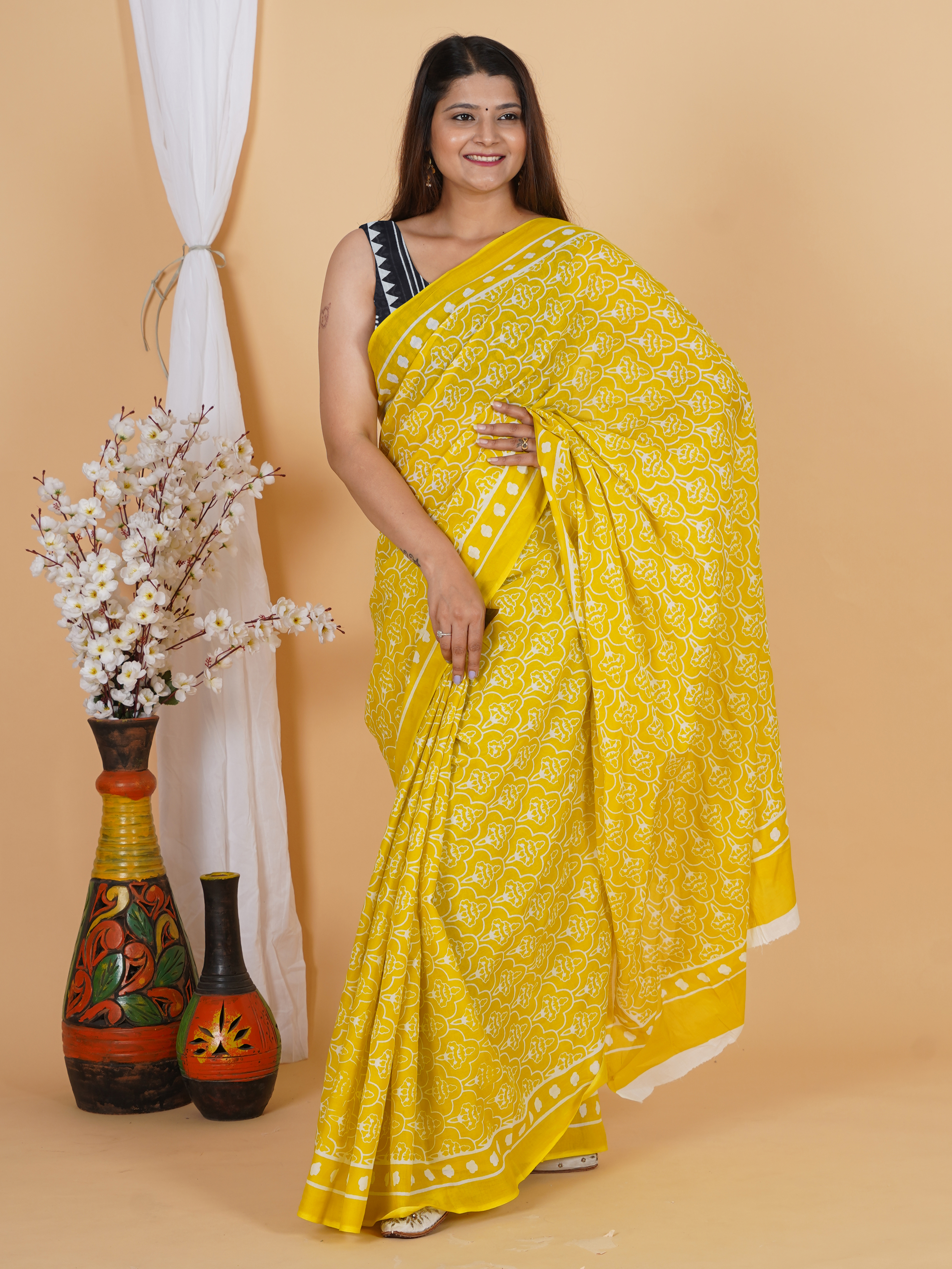 Elegant Yellow Printed Cotton Saree for Women view 2