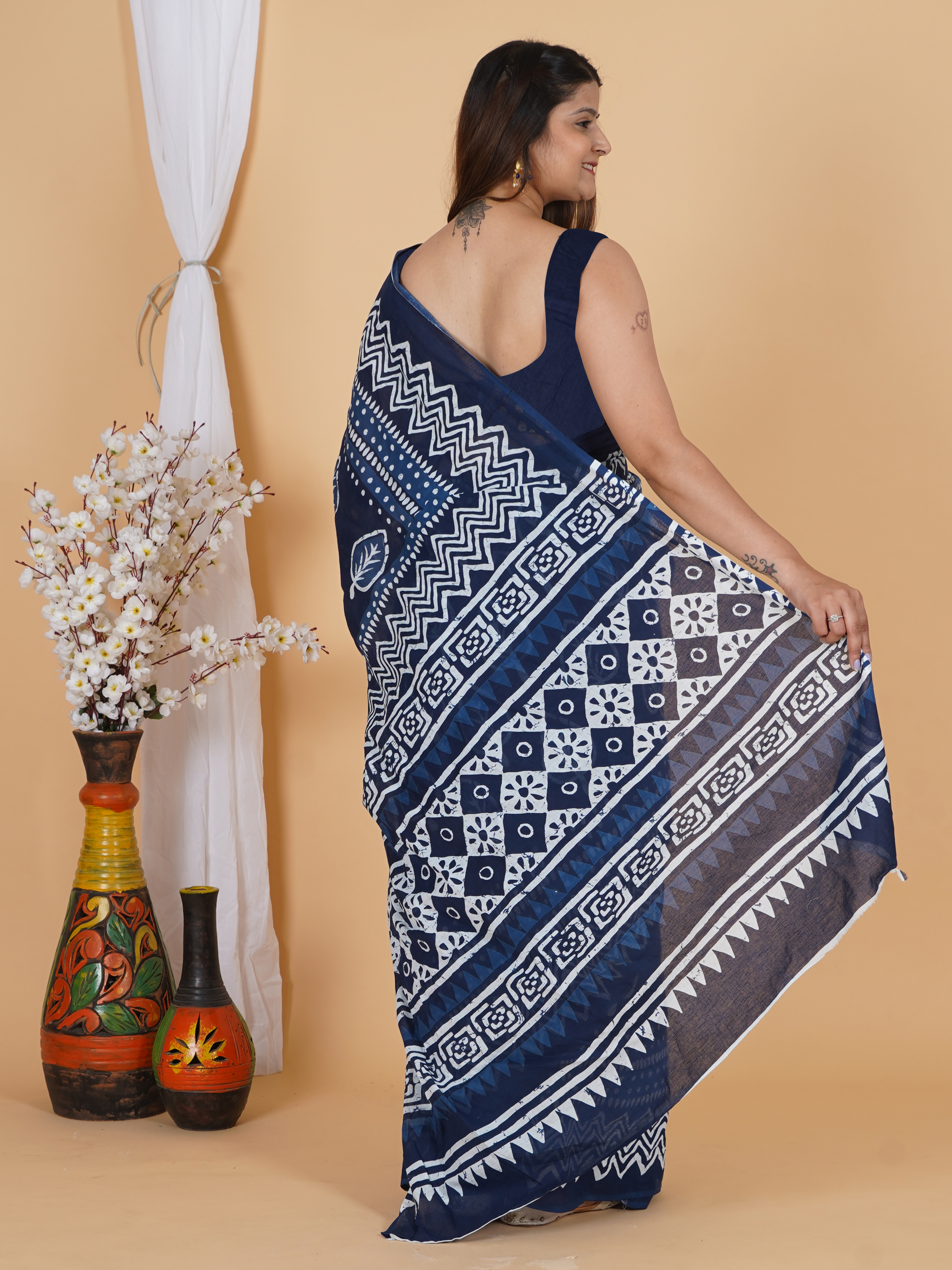 Elegant Navy Blue Hand Block Print Cotton Saree view 2