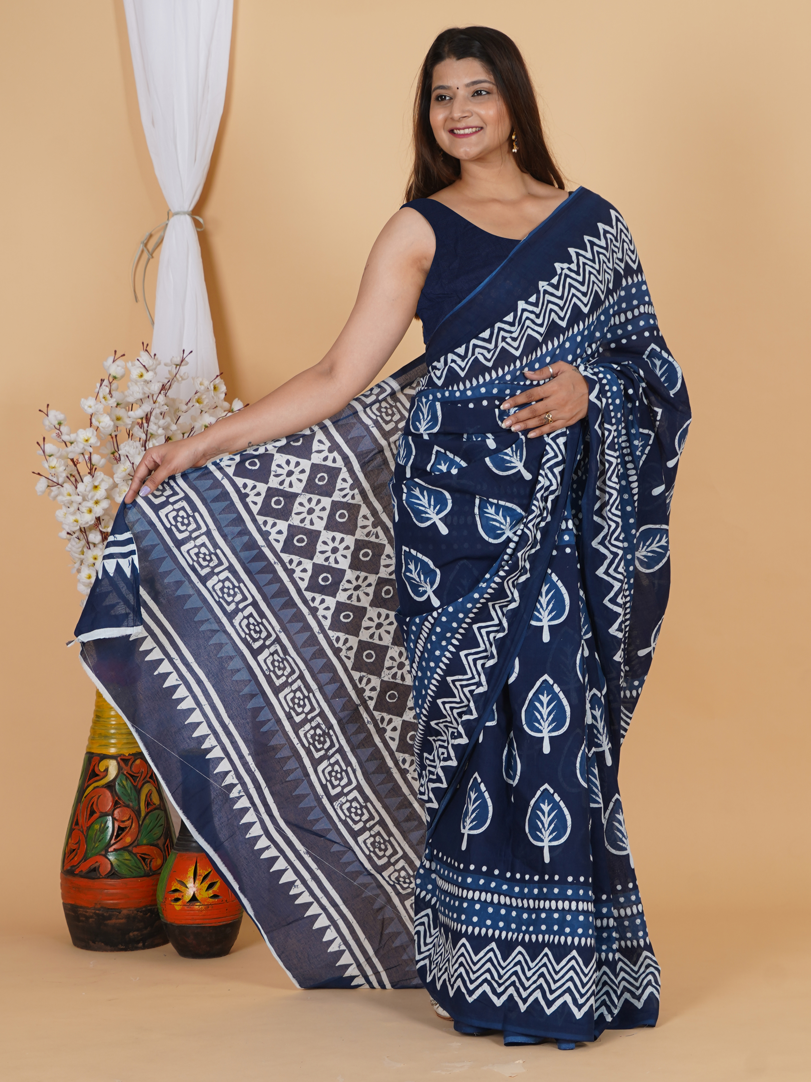 Elegant Navy Blue Hand Block Print Cotton Saree view 4